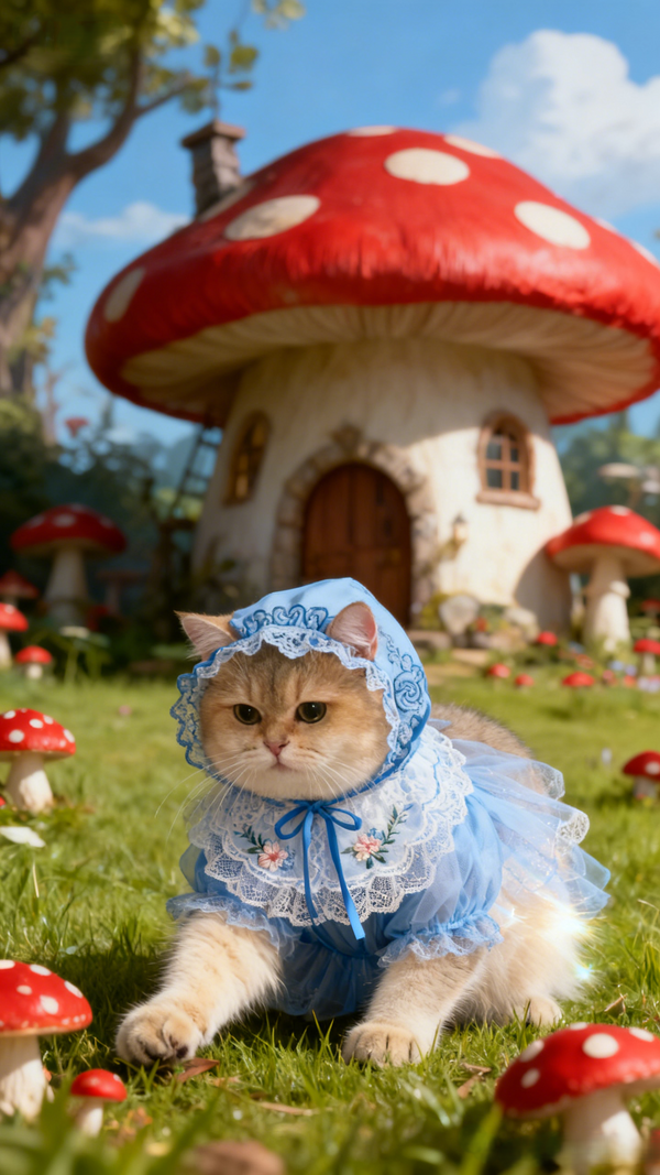 Wonderland Explorer Pet Portrait | Custom Fairy Tale Mushroom Forest Art | Blue Lace Dress & Bonnet