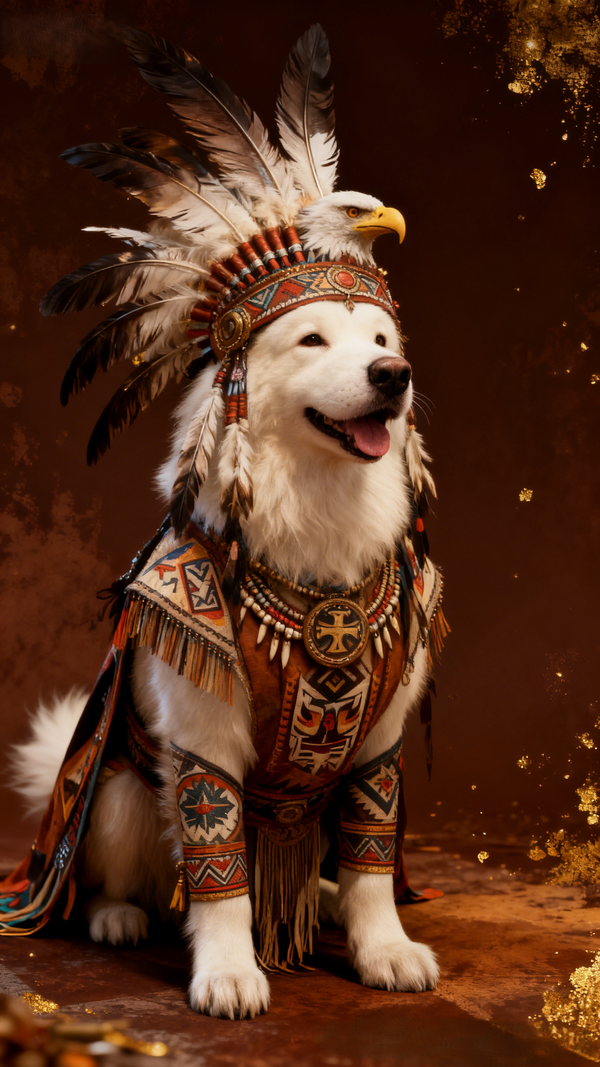 The Spirit Guardian Custom Pet Portrait, Noble Feathered Attire & Ceremonial Regalia Art