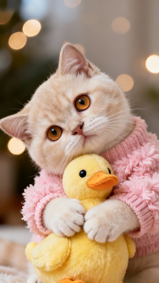 The Snuggle Duckling Custom Pet Portrait, Cozy Pink Sweater & Beloved Toy Art