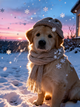 Magic Snowfall Pet Portrait | Custom Winter Hat & Scarf Art | Cozy Dreamy Pet Canvas