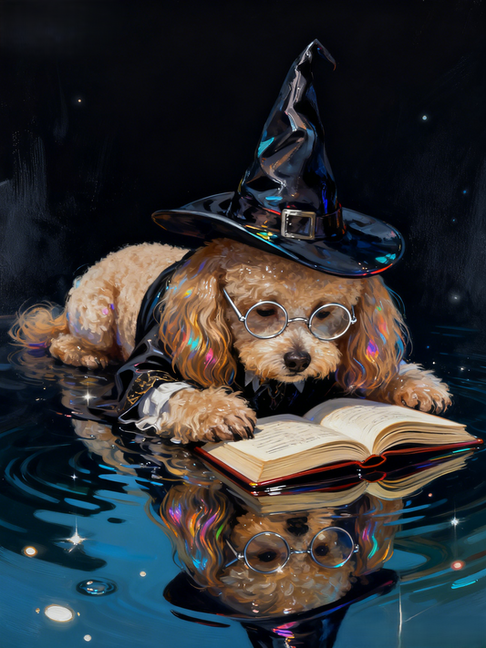 The Arcane Scholar Pet Portrait | Custom Wizard Hat & Glasses Magic Art | Holographic Reflection Canvas