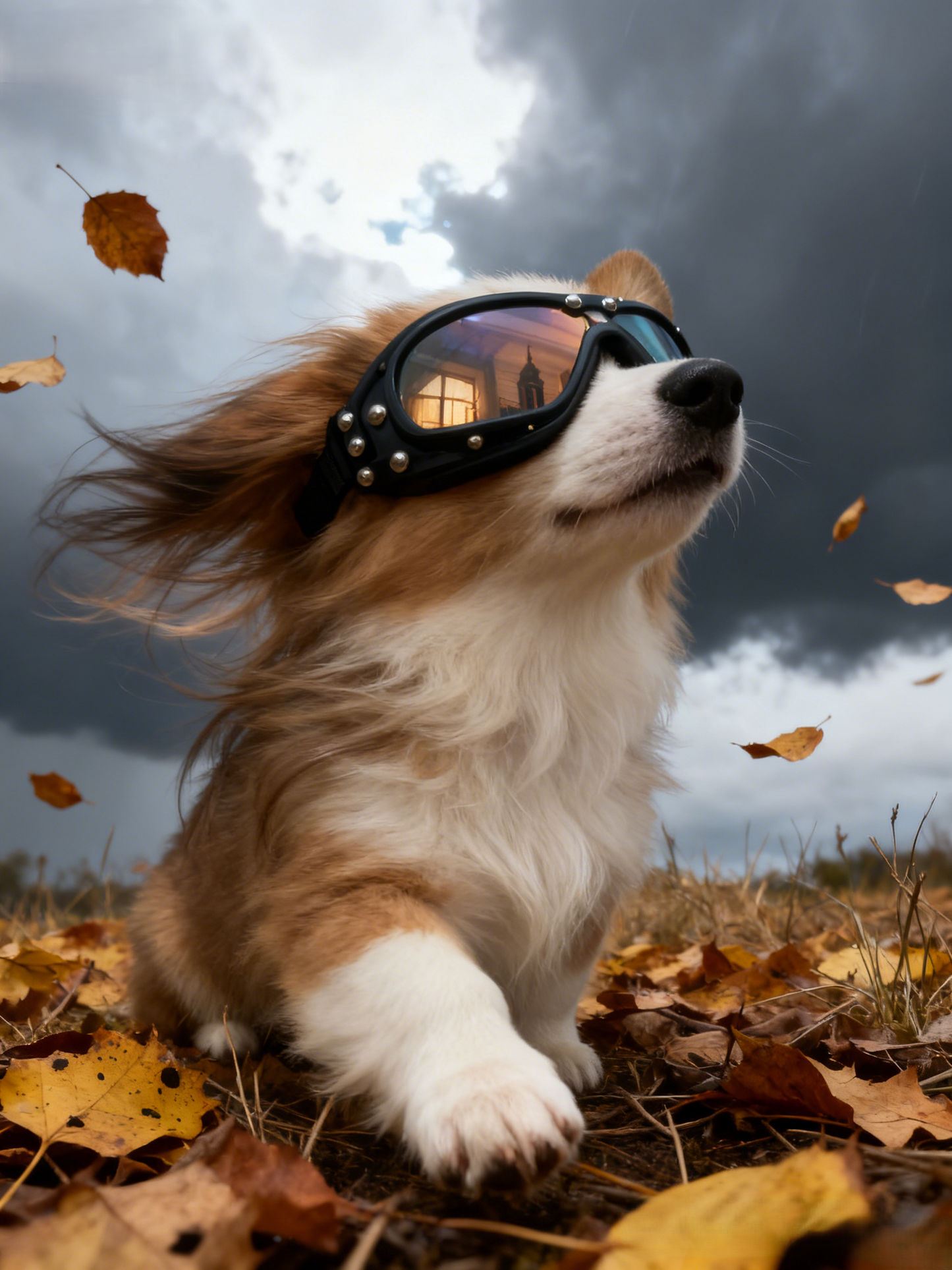 The Autumn Storm Rider Pet Portrait | Custom Aviator Goggles Adventure Art | Dynamic Fall Biker Canvas