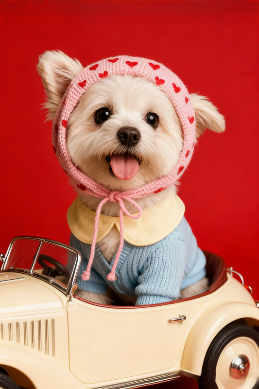 The Love Bug Custom Pet Portrait, Retro Pet in Car with Hearts & Sweater