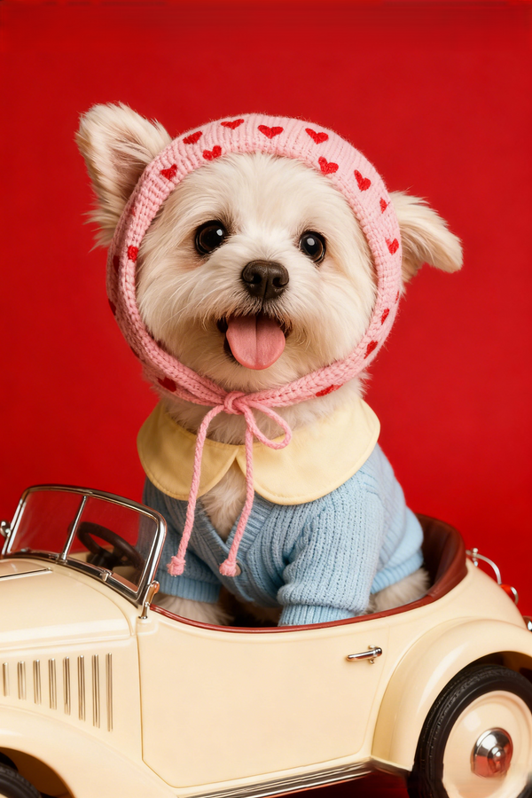 The Love Bug Custom Pet Portrait, Retro Pet in Car with Hearts & Sweater