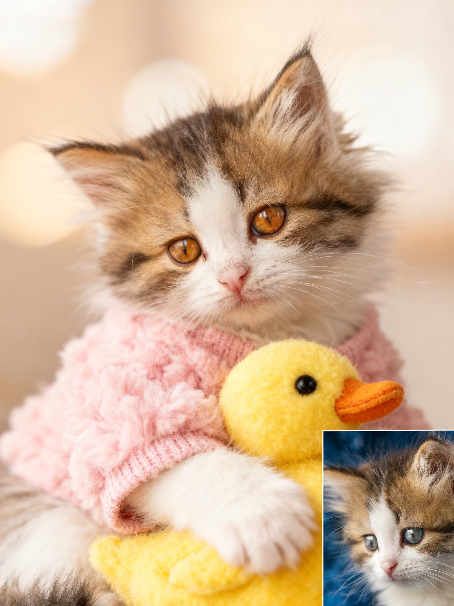 The Snuggle Duckling Custom Pet Portrait, Cozy Pink Sweater & Beloved Toy Art