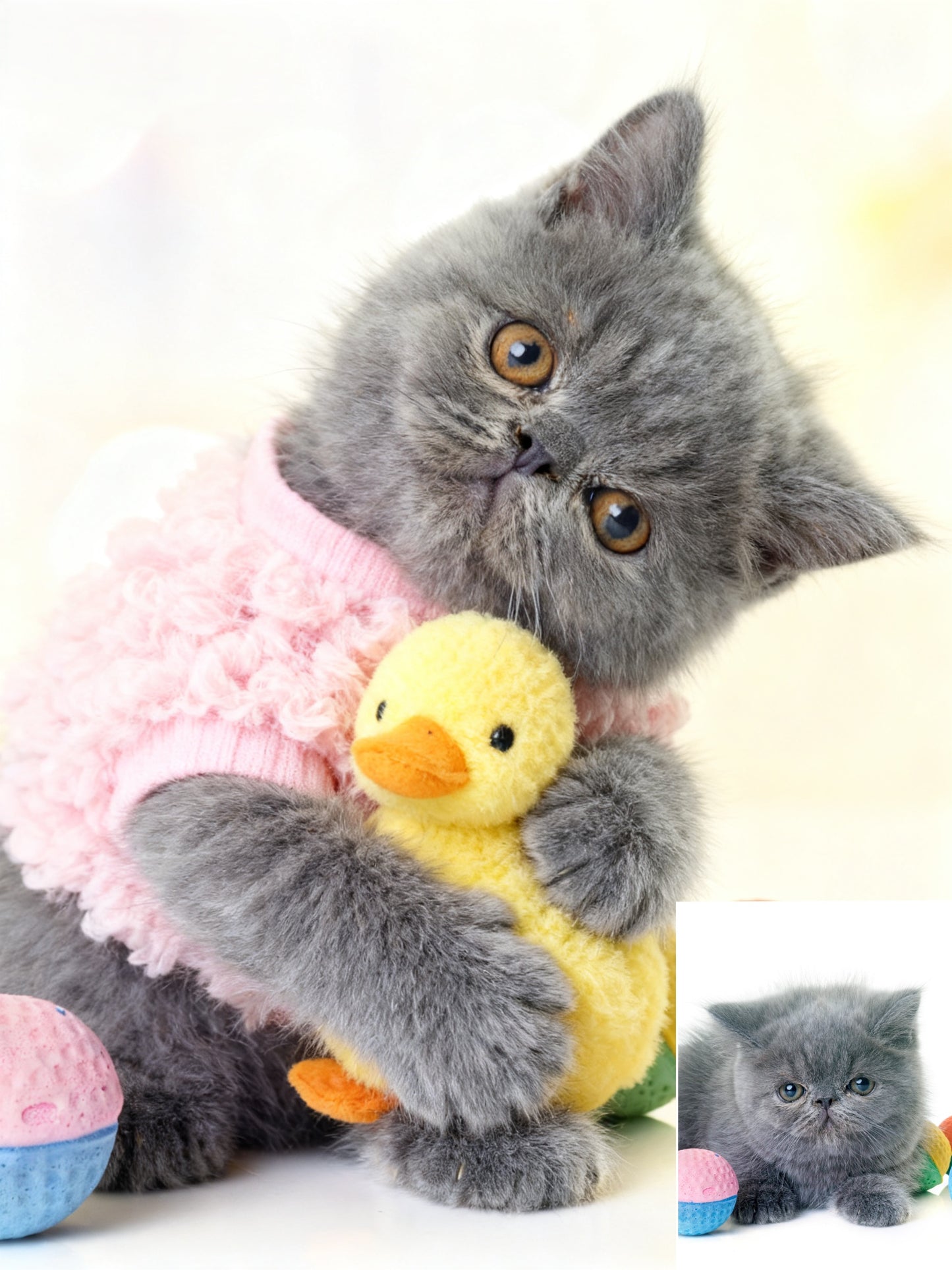 The Snuggle Duckling Custom Pet Portrait, Cozy Pink Sweater & Beloved Toy Art