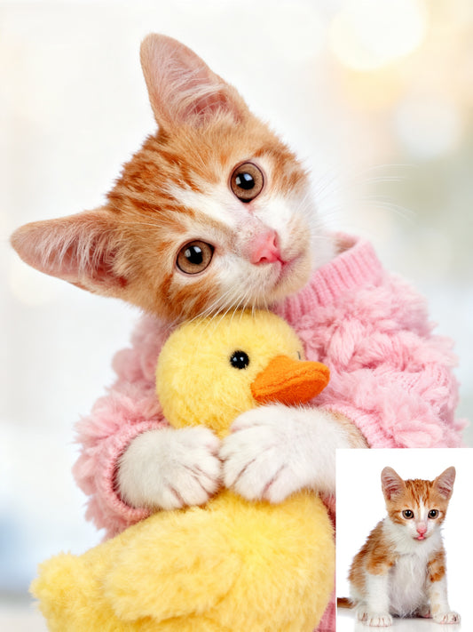 The Snuggle Duckling Custom Pet Portrait, Cozy Pink Sweater & Beloved Toy Art