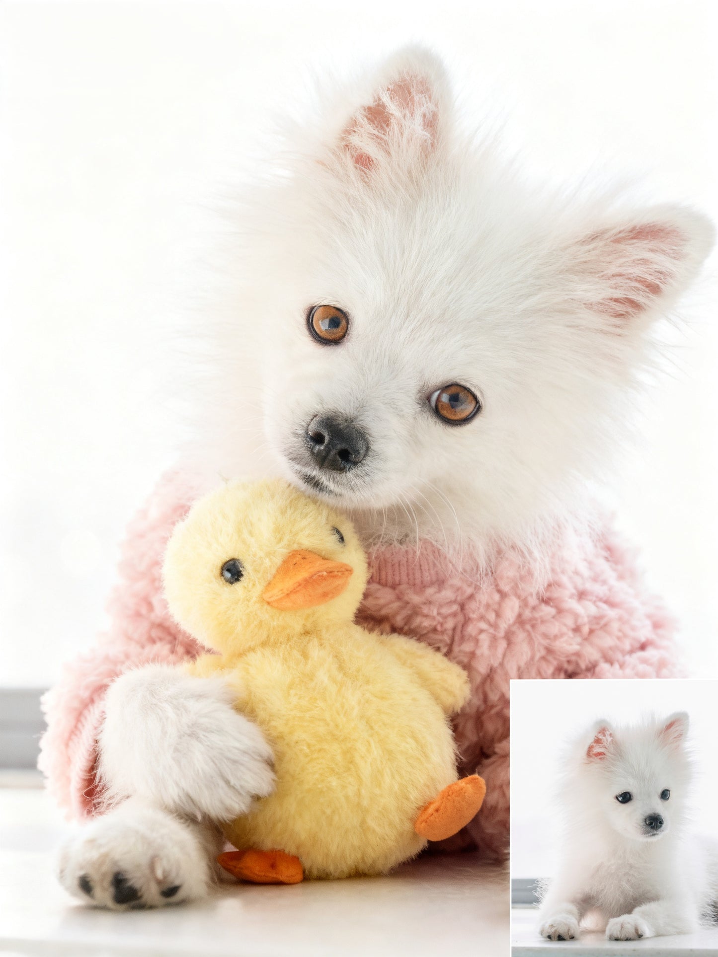 The Snuggle Duckling Custom Pet Portrait, Cozy Pink Sweater & Beloved Toy Art