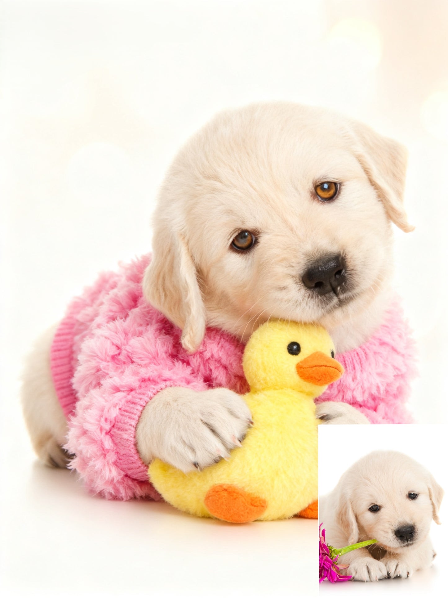 The Snuggle Duckling Custom Pet Portrait, Cozy Pink Sweater & Beloved Toy Art