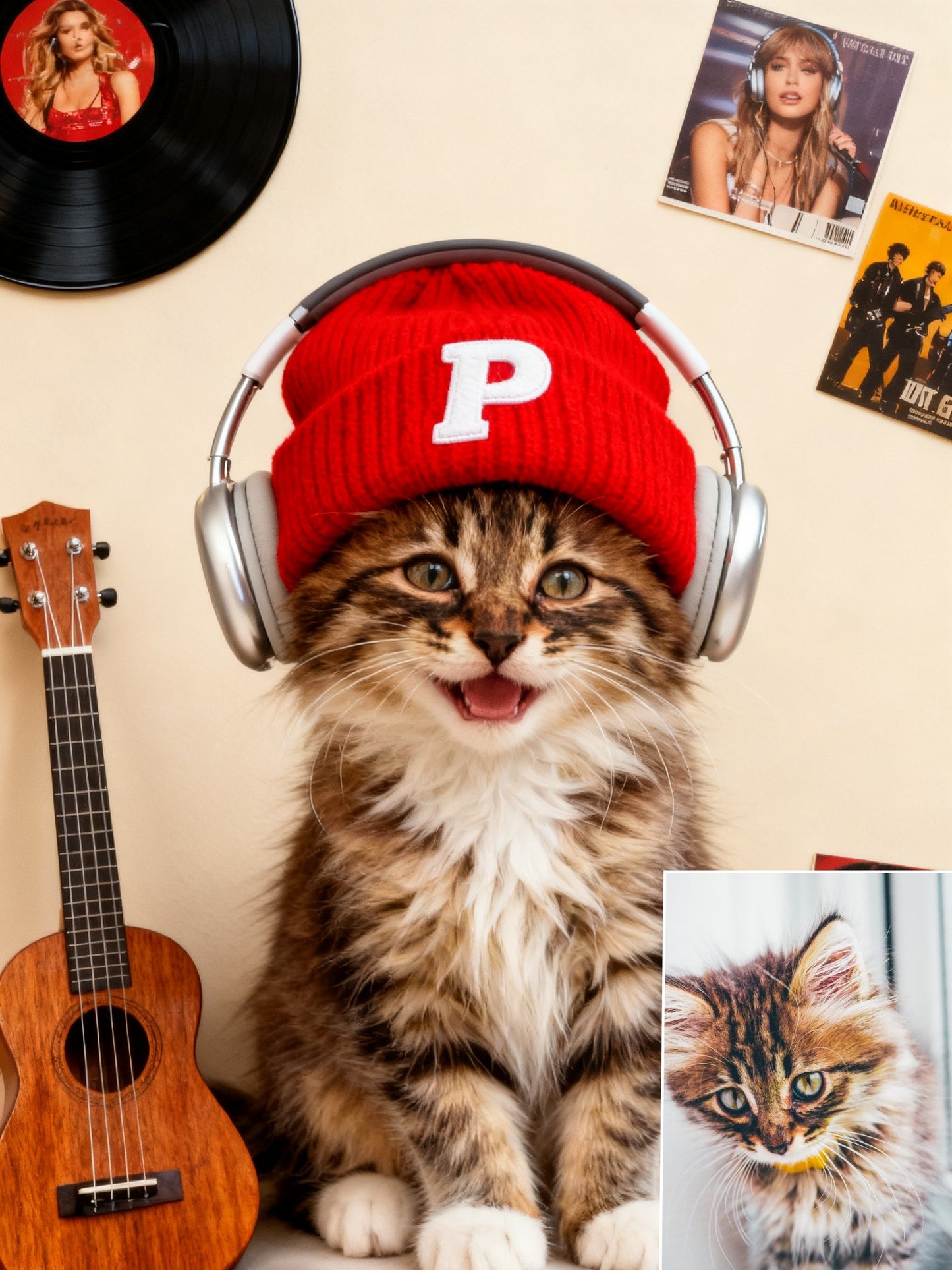 The Vibe Master Custom Pet Portrait, Hip-Hop Pet with Beanie & Headphones