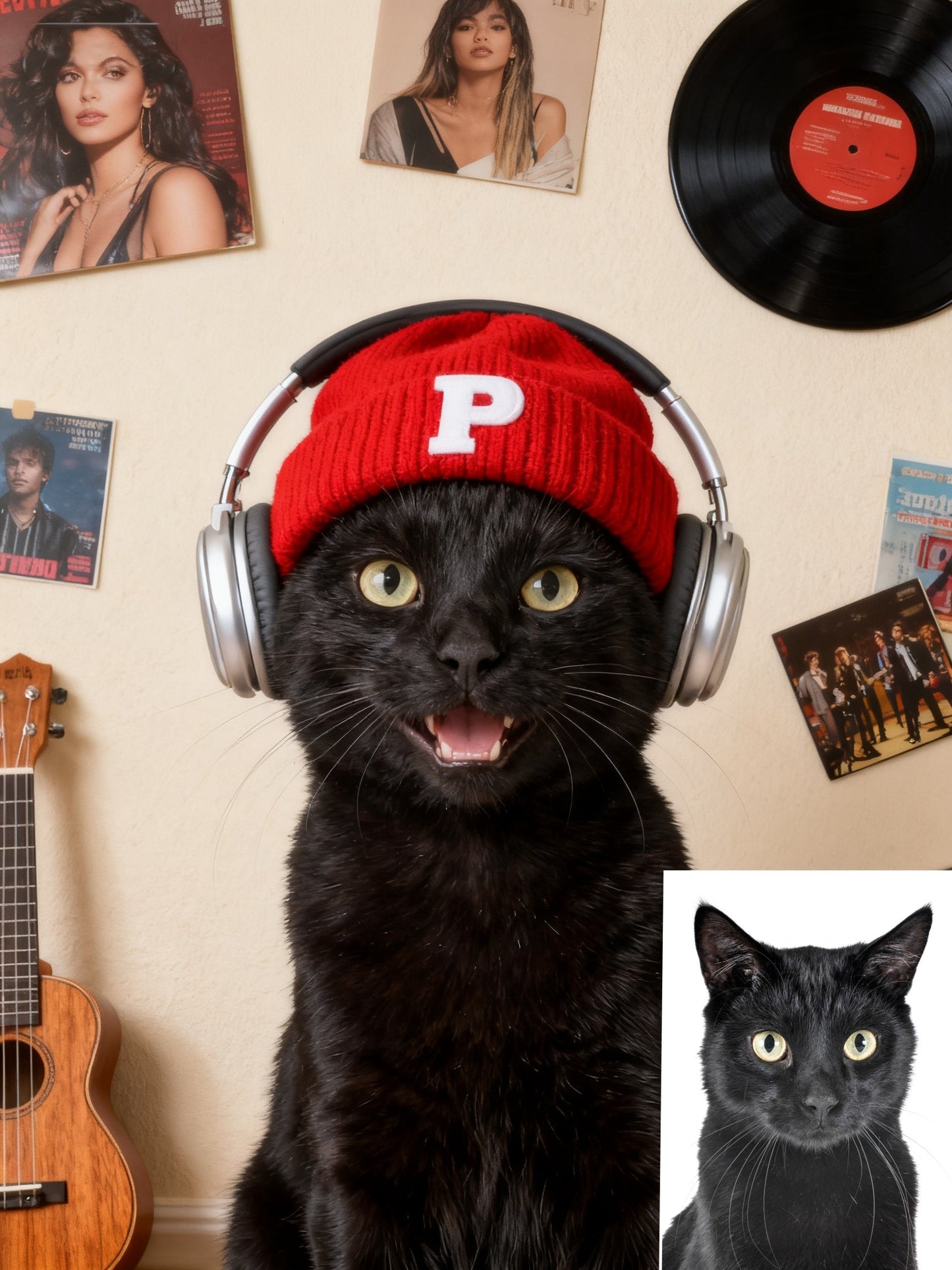 The Vibe Master Custom Pet Portrait, Hip-Hop Pet with Beanie & Headphones