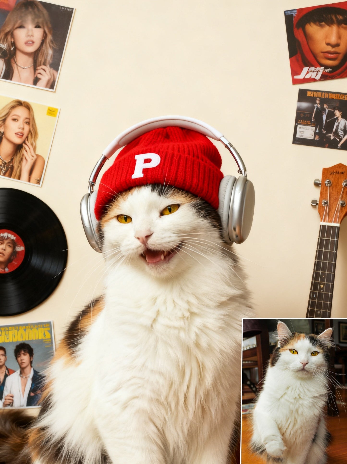 The Vibe Master Custom Pet Portrait, Hip-Hop Pet with Beanie & Headphones