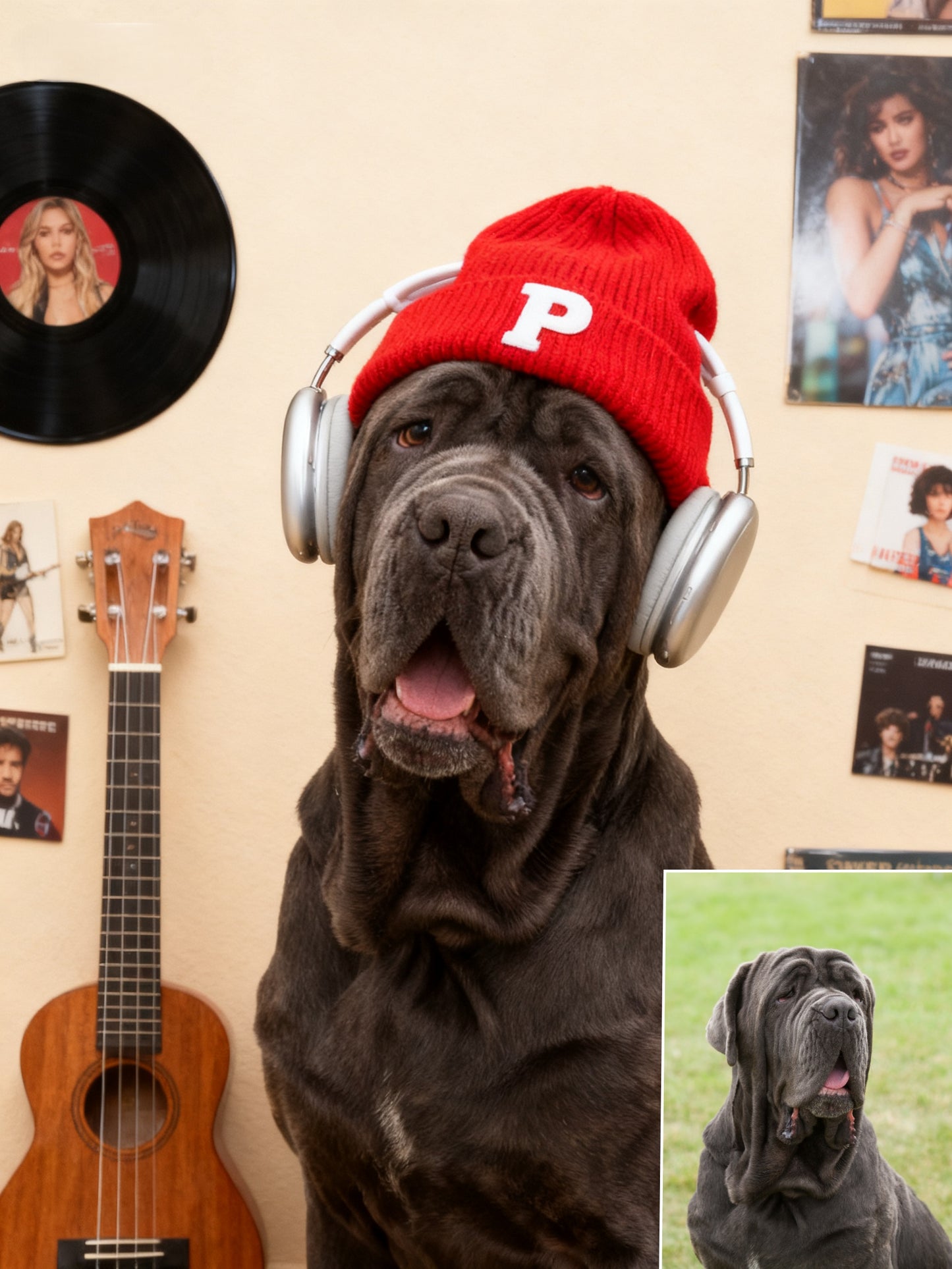 The Vibe Master Custom Pet Portrait, Hip-Hop Pet with Beanie & Headphones