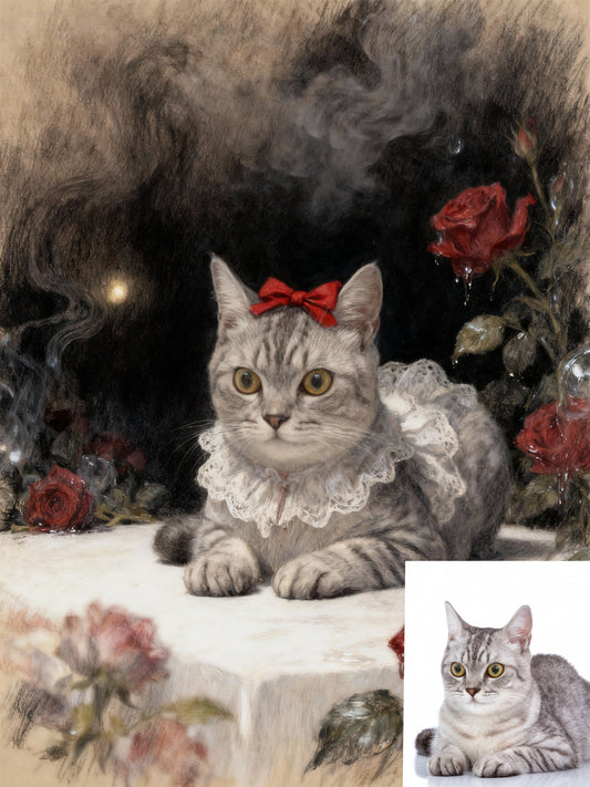 The Rose Noble Pet Portrait | Custom Classical Oil Painting Style | Lace Collar & Crimson Roses