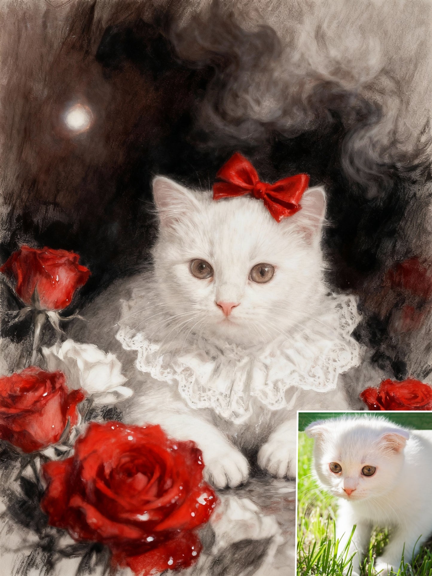 The Rose Noble Pet Portrait | Custom Classical Oil Painting Style | Lace Collar & Crimson Roses