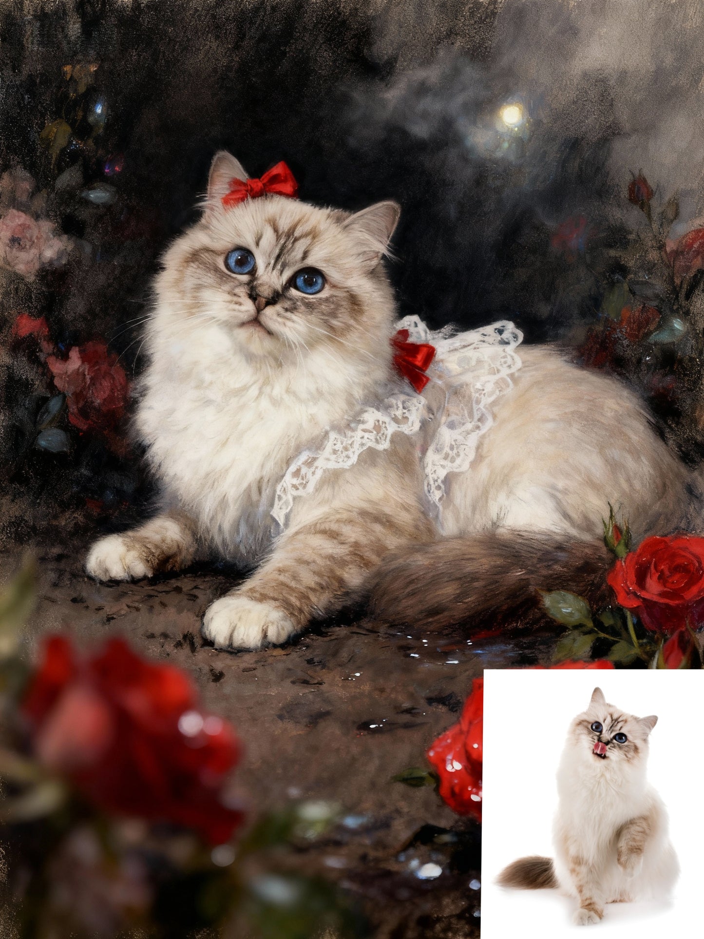 The Rose Noble Pet Portrait | Custom Classical Oil Painting Style | Lace Collar & Crimson Roses