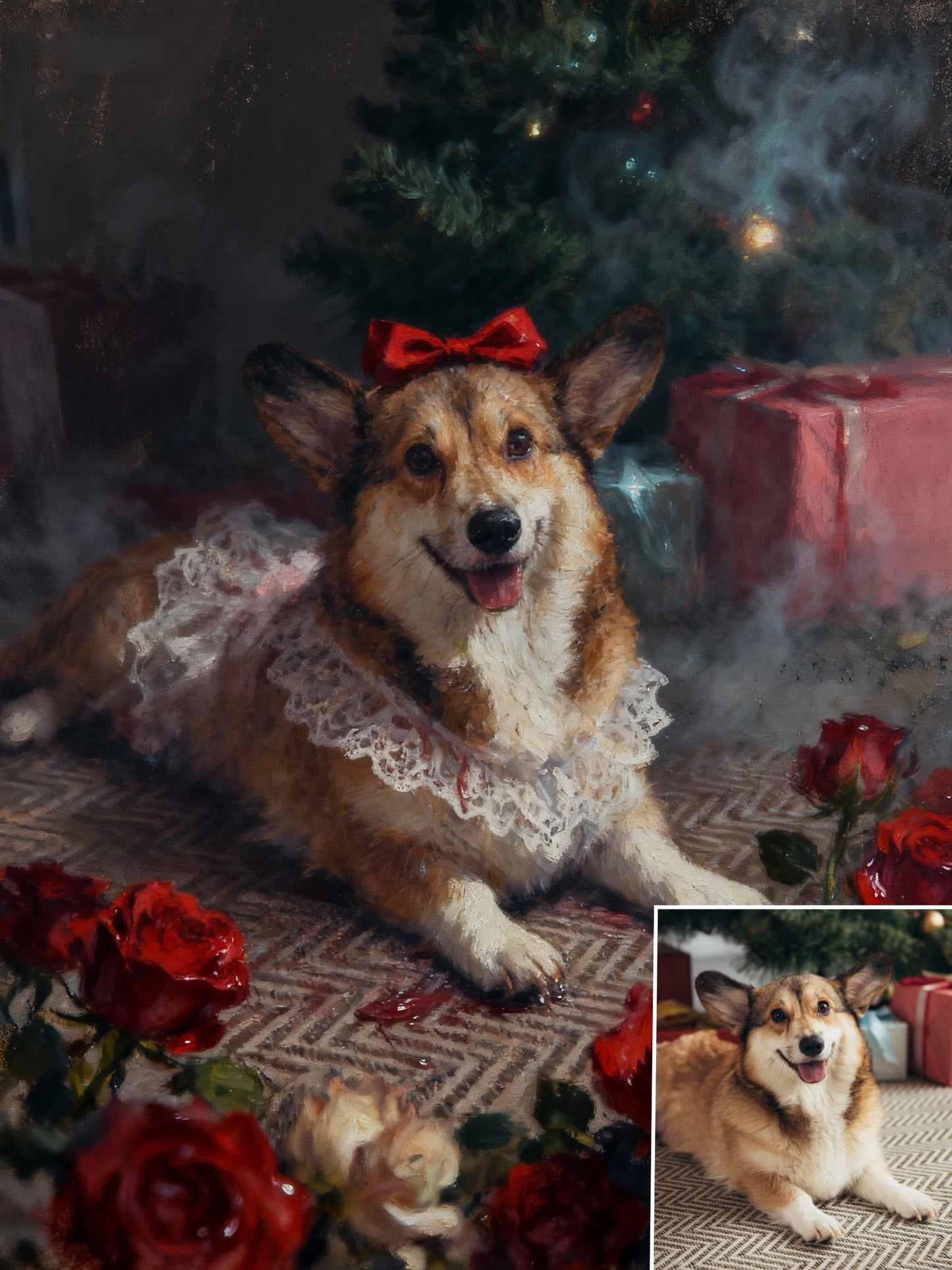 The Rose Noble Pet Portrait | Custom Classical Oil Painting Style | Lace Collar & Crimson Roses