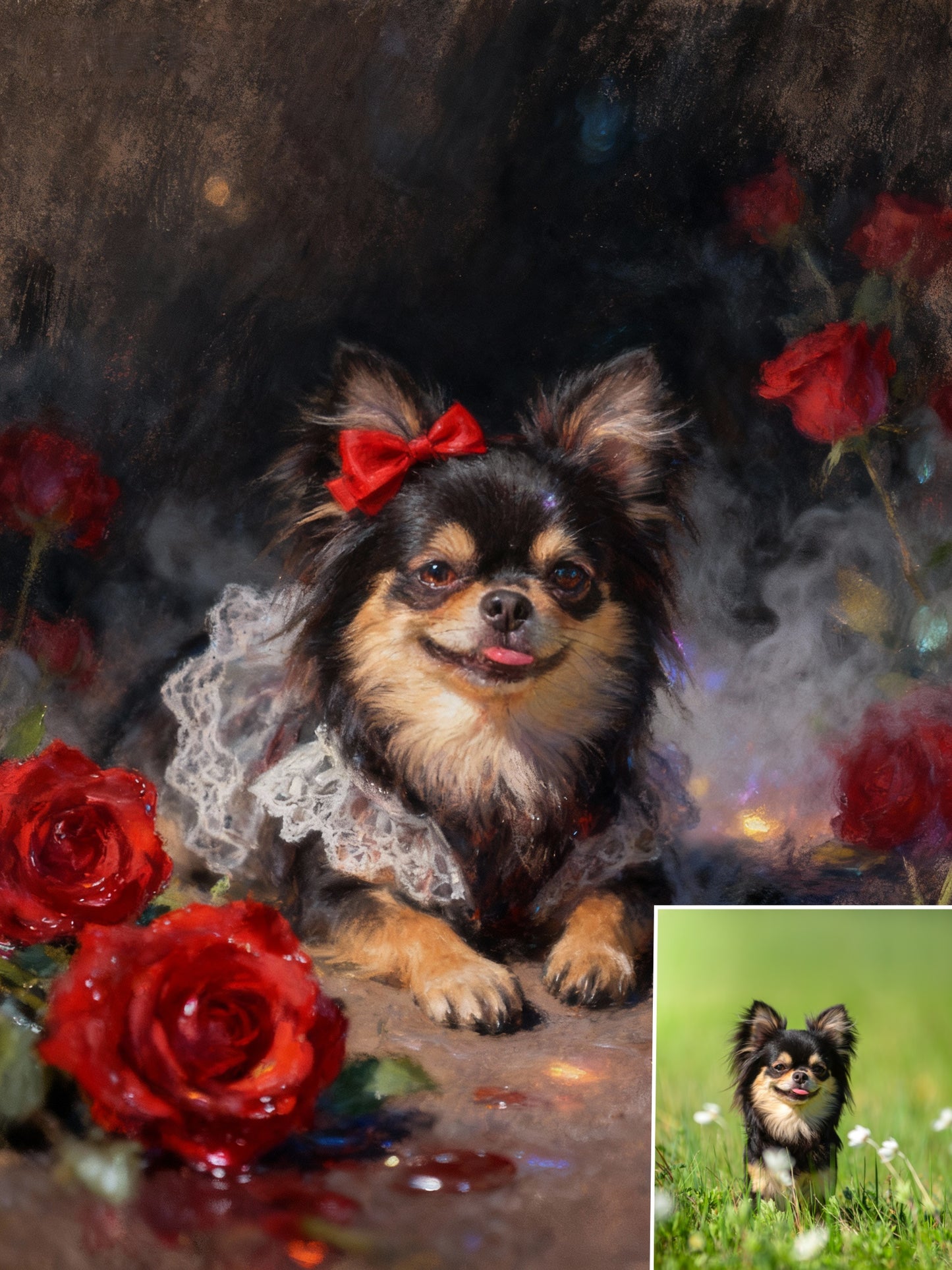 The Rose Noble Pet Portrait | Custom Classical Oil Painting Style | Lace Collar & Crimson Roses