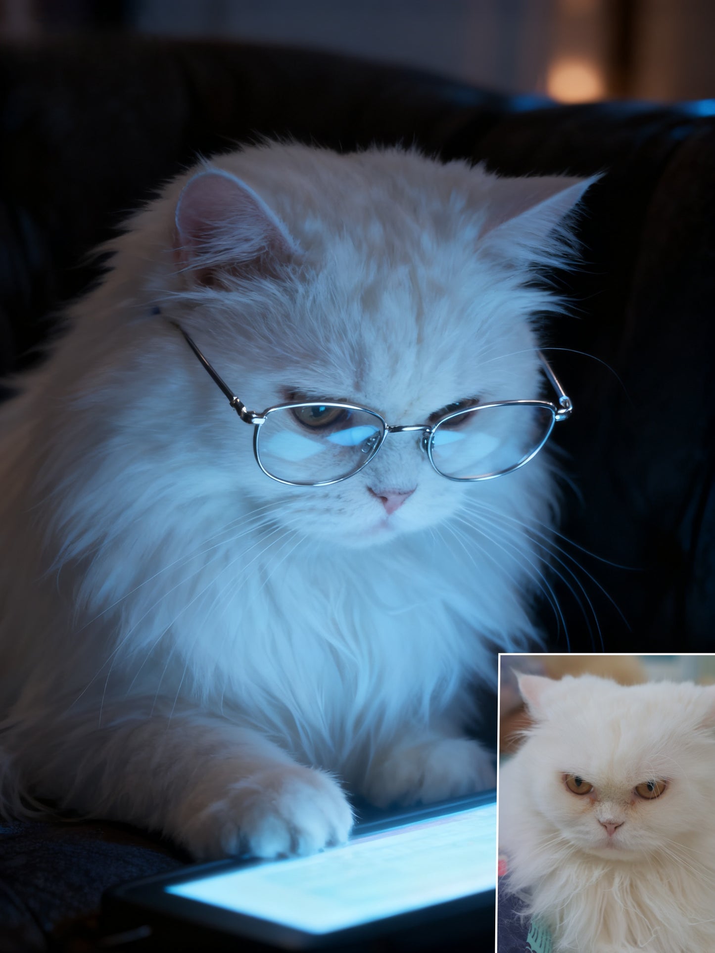 The Digital Scholar Custom Pet Portrait, Intellectual Pet with Glasses & Screen Glow