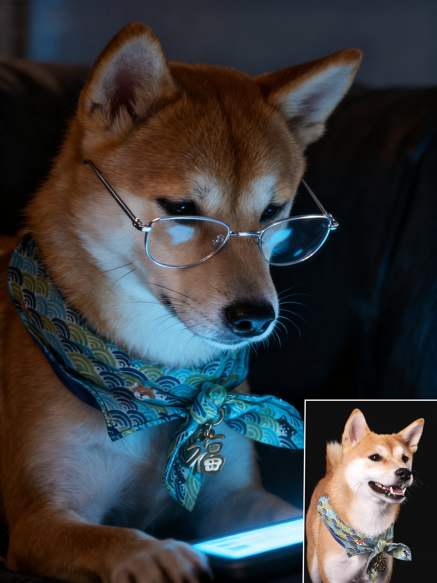 The Digital Scholar Custom Pet Portrait, Intellectual Pet with Glasses & Screen Glow
