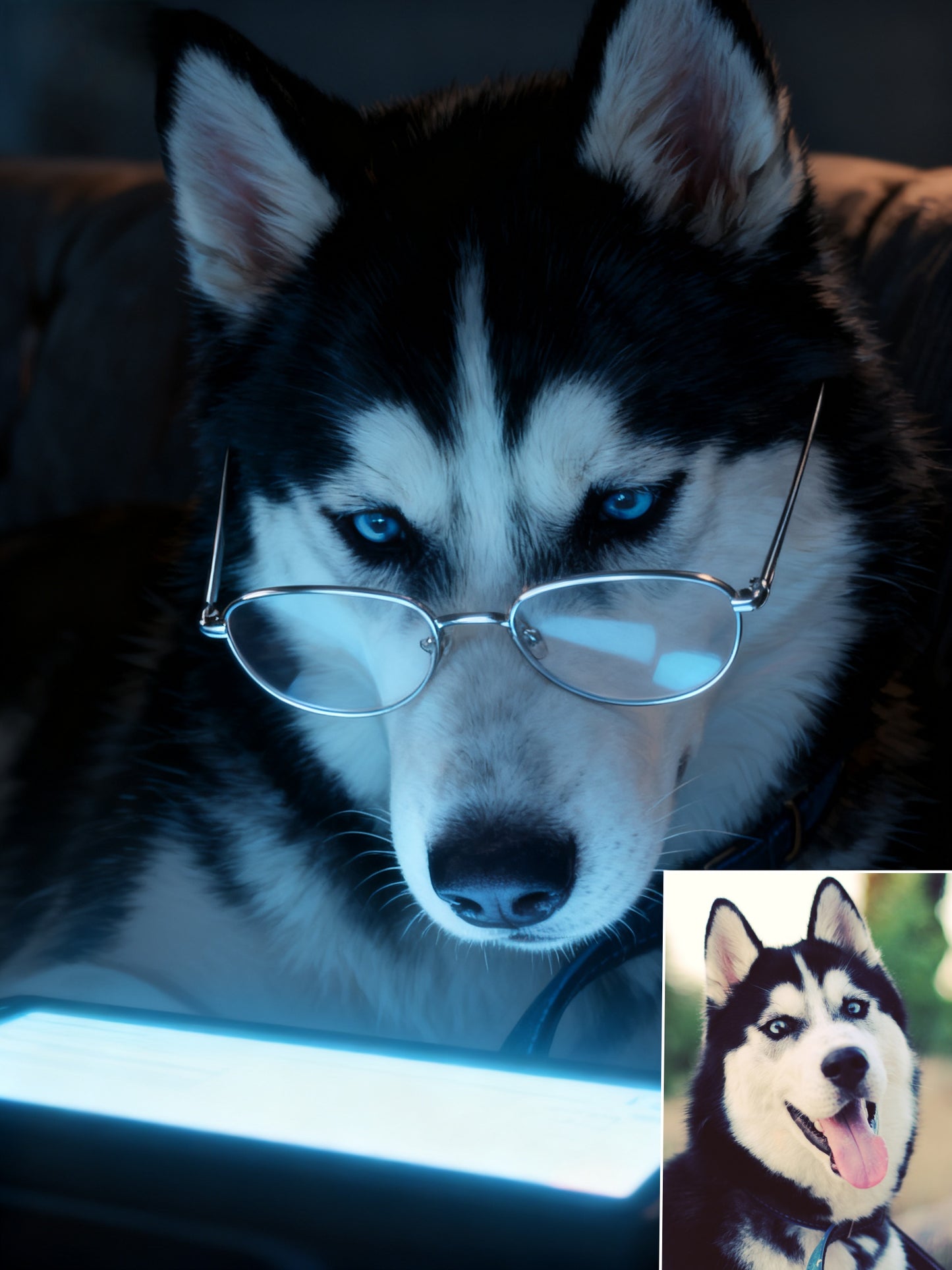 The Digital Scholar Custom Pet Portrait, Intellectual Pet with Glasses & Screen Glow