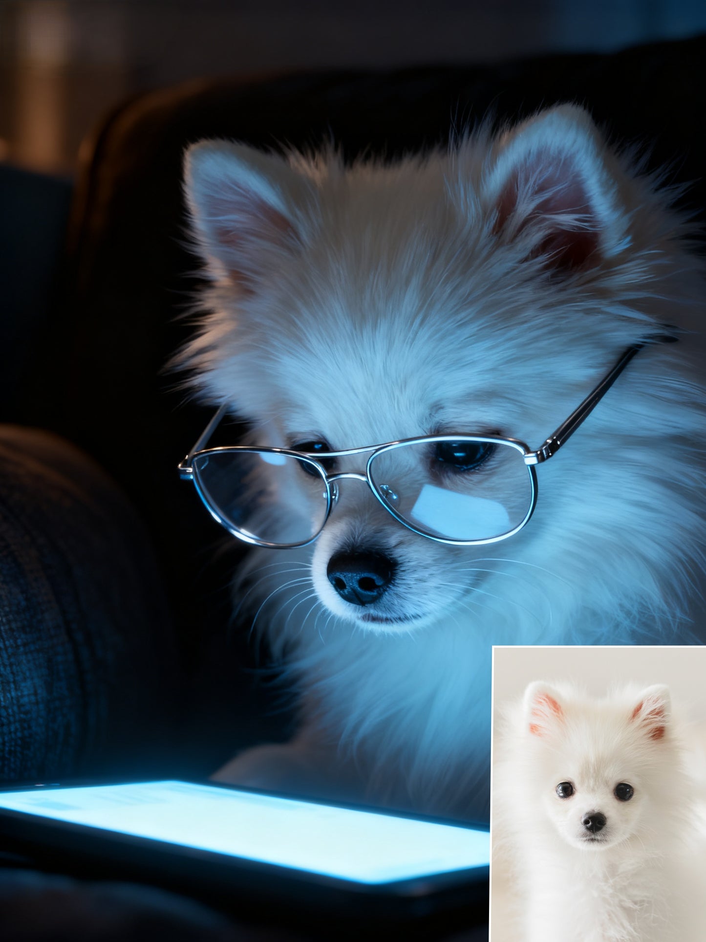 The Digital Scholar Custom Pet Portrait, Intellectual Pet with Glasses & Screen Glow
