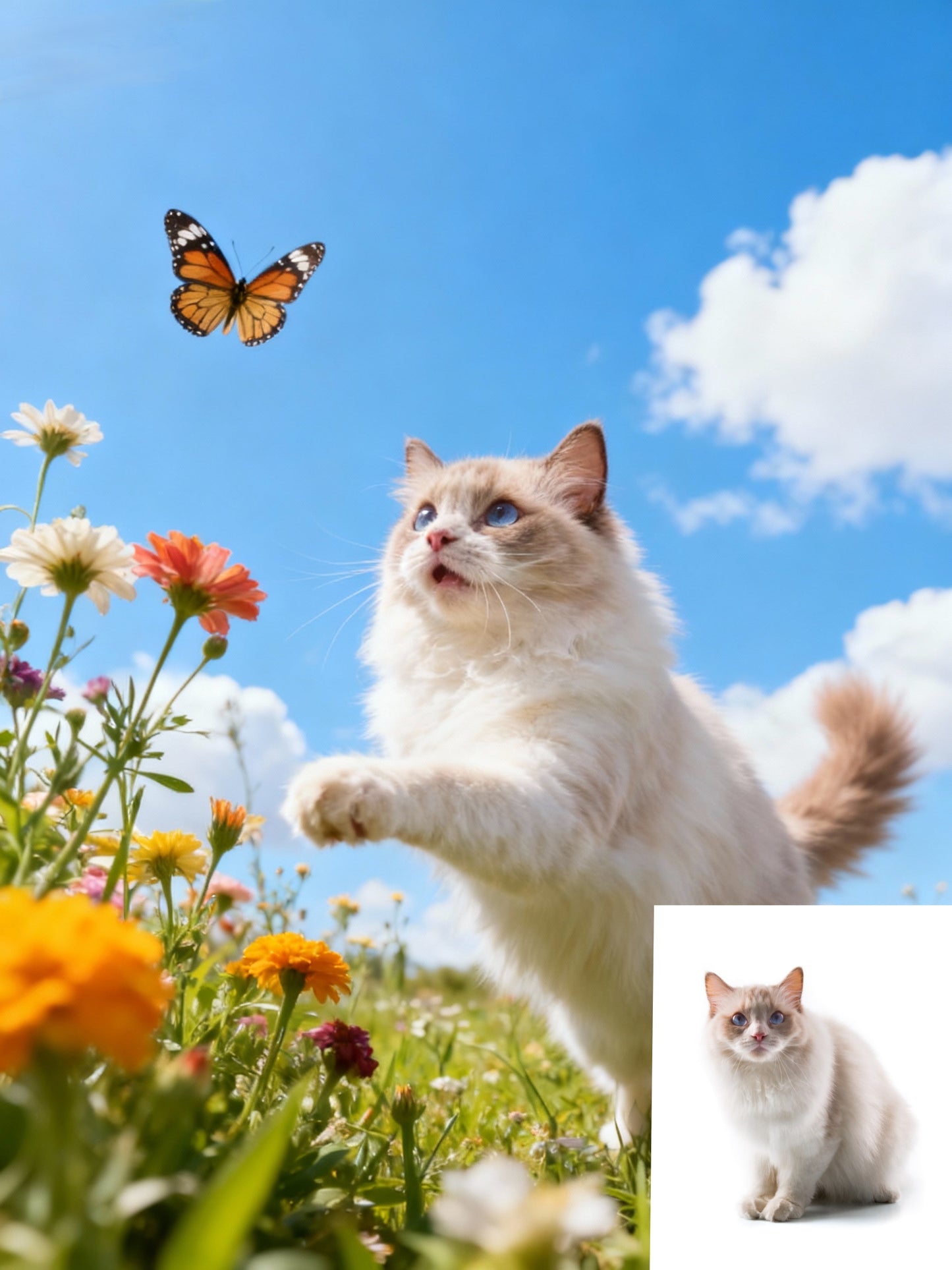 The Spring Leap Pet Portrait | Custom Dynamic Wide-Angle Flower Field Art | Chasing Butterflies