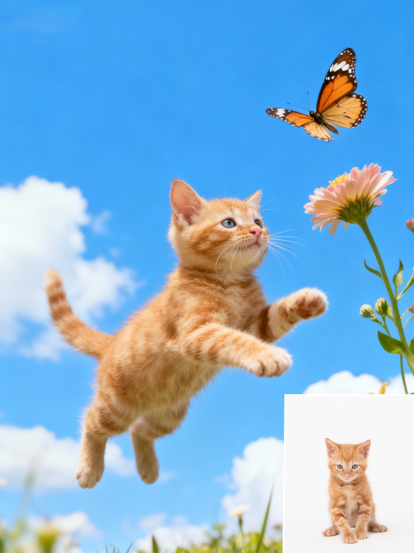 The Spring Leap Pet Portrait | Custom Dynamic Wide-Angle Flower Field Art | Chasing Butterflies