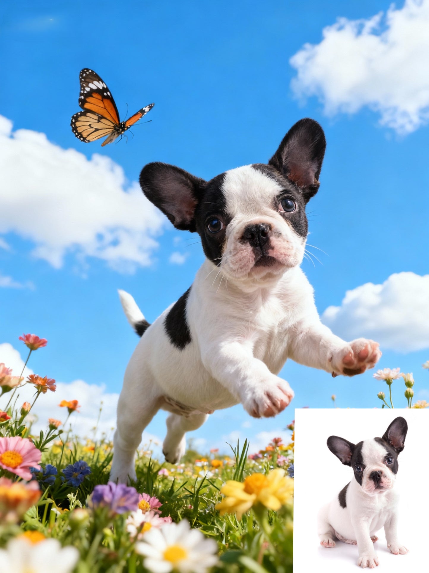 The Spring Leap Pet Portrait | Custom Dynamic Wide-Angle Flower Field Art | Chasing Butterflies