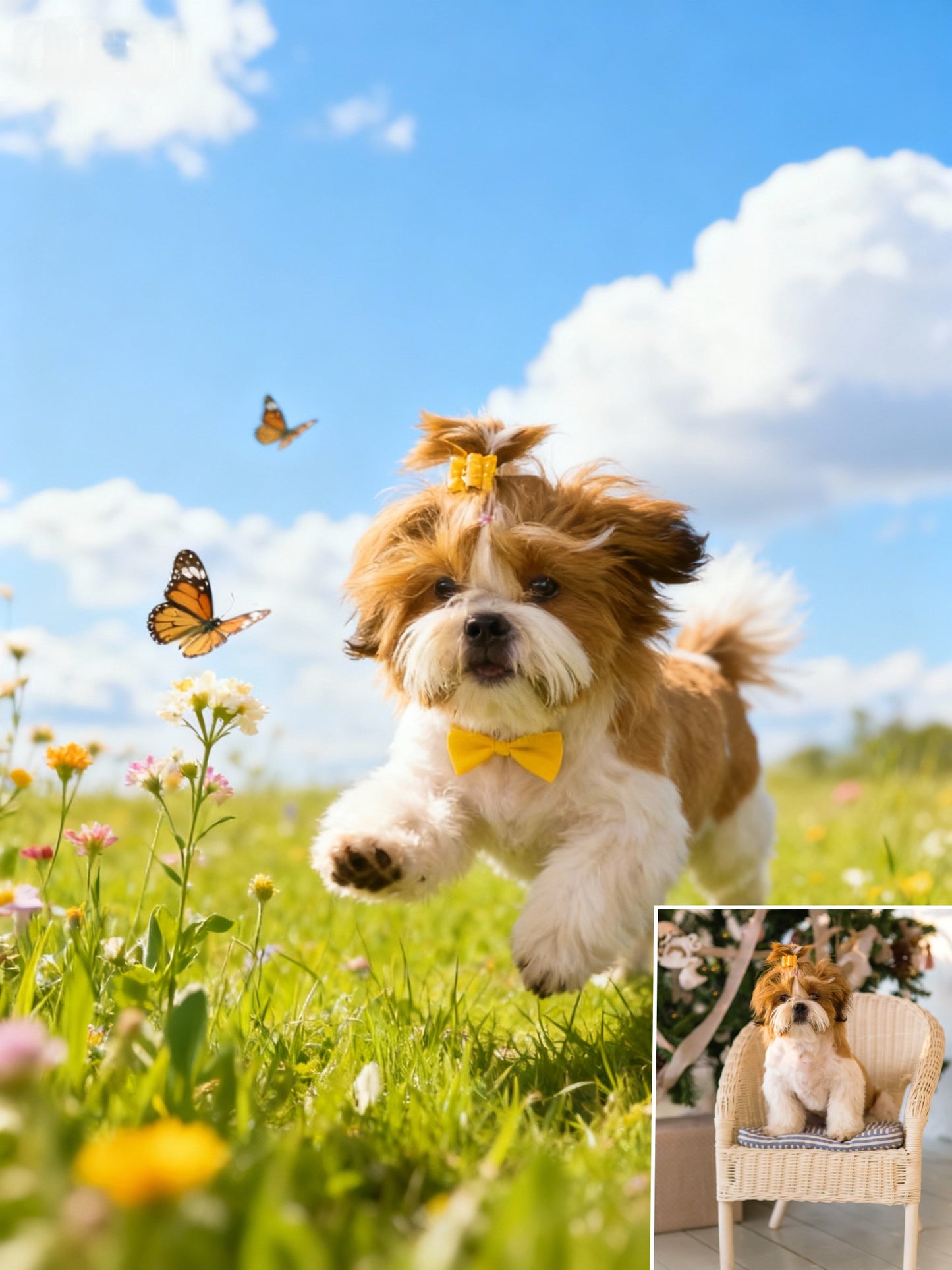 The Spring Leap Pet Portrait | Custom Dynamic Wide-Angle Flower Field Art | Chasing Butterflies