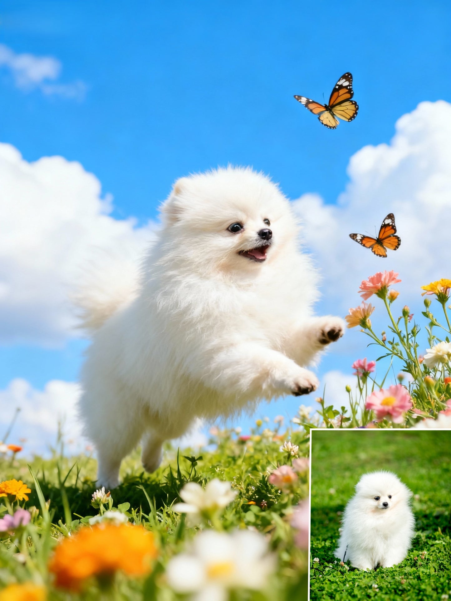 The Spring Leap Pet Portrait | Custom Dynamic Wide-Angle Flower Field Art | Chasing Butterflies
