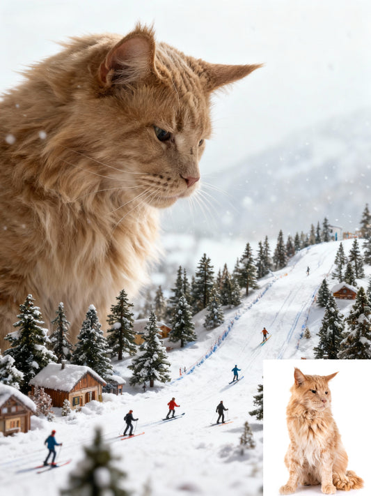 The Colossal Ski Adventure Pet Portrait | Custom Pet Gentle Giant Art | Epic Miniature Winter Fantasy Canvas