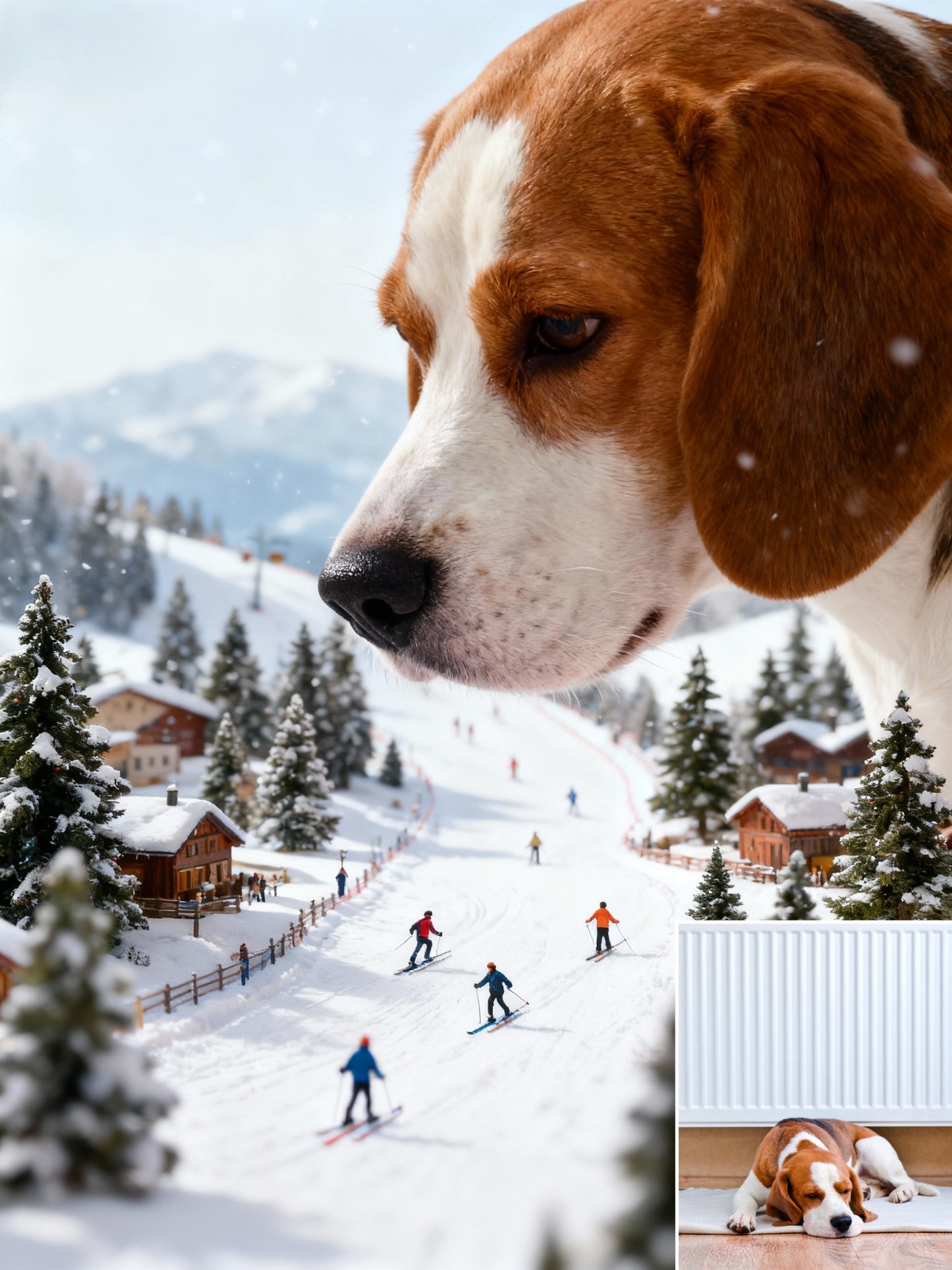 The Colossal Ski Adventure Pet Portrait | Custom Pet Gentle Giant Art | Epic Miniature Winter Fantasy Canvas