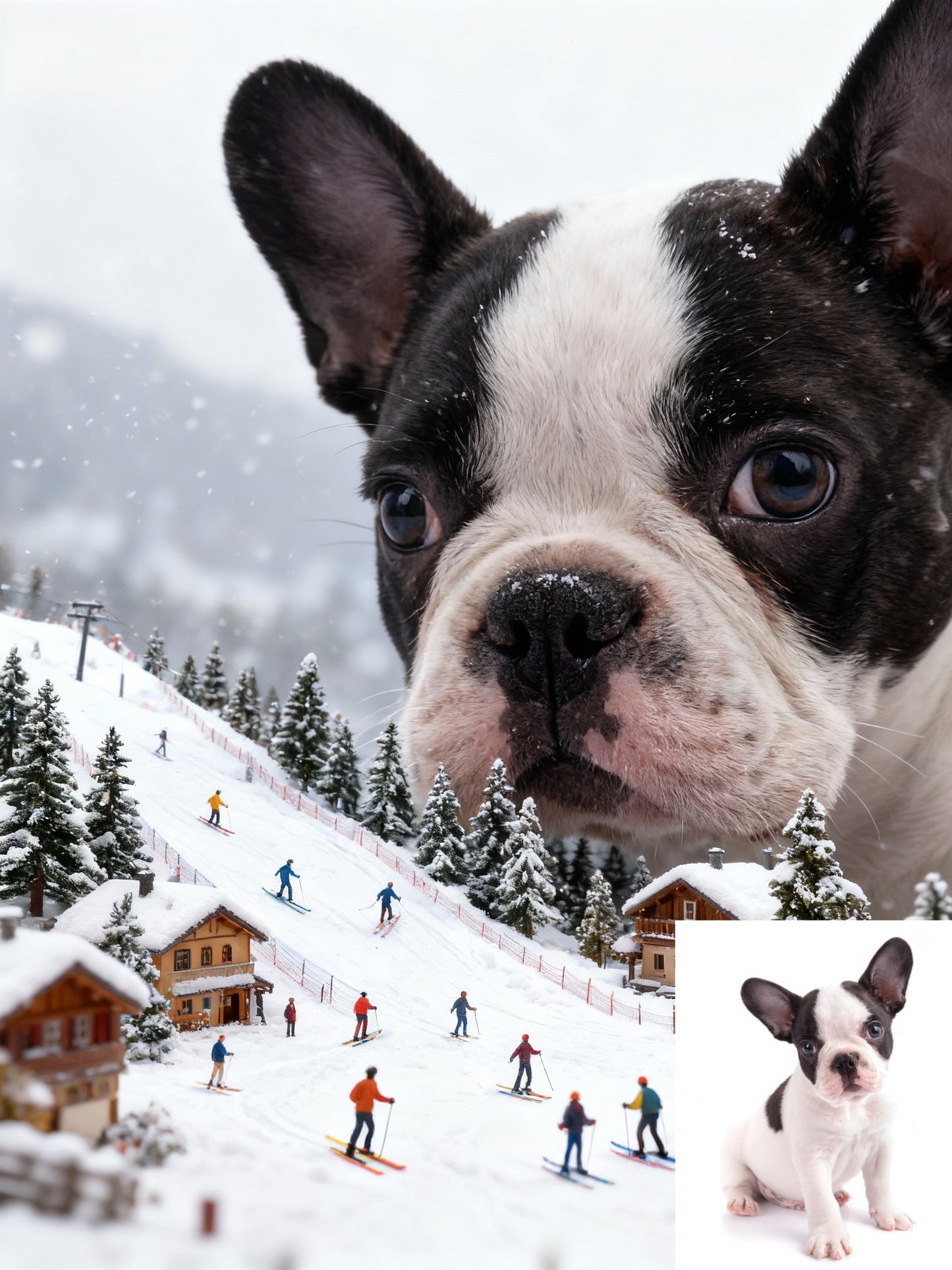 The Colossal Ski Adventure Pet Portrait | Custom Pet Gentle Giant Art | Epic Miniature Winter Fantasy Canvas