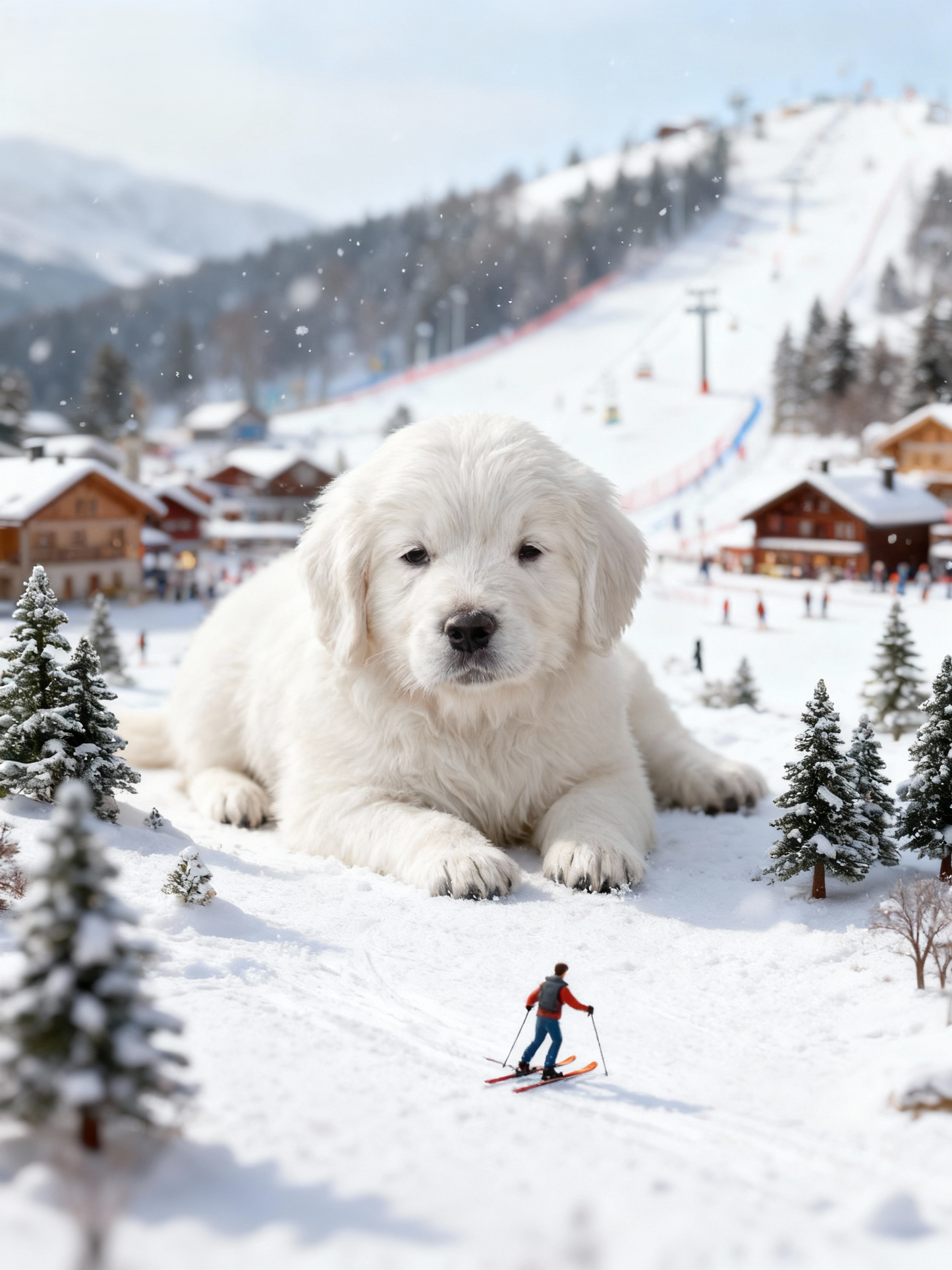 The Colossal Ski Adventure Pet Portrait | Custom Pet Gentle Giant Art | Epic Miniature Winter Fantasy Canvas