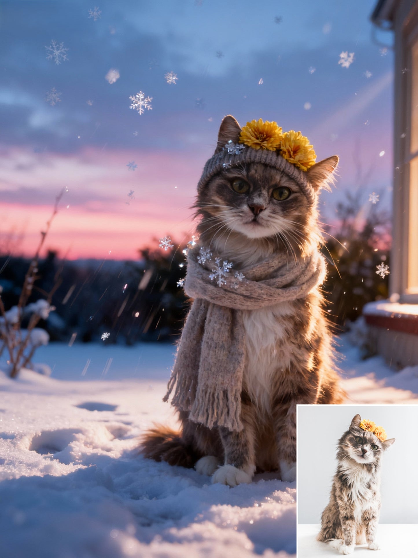 Magic Snowfall Pet Portrait | Custom Winter Hat & Scarf Art | Cozy Dreamy Pet Canvas