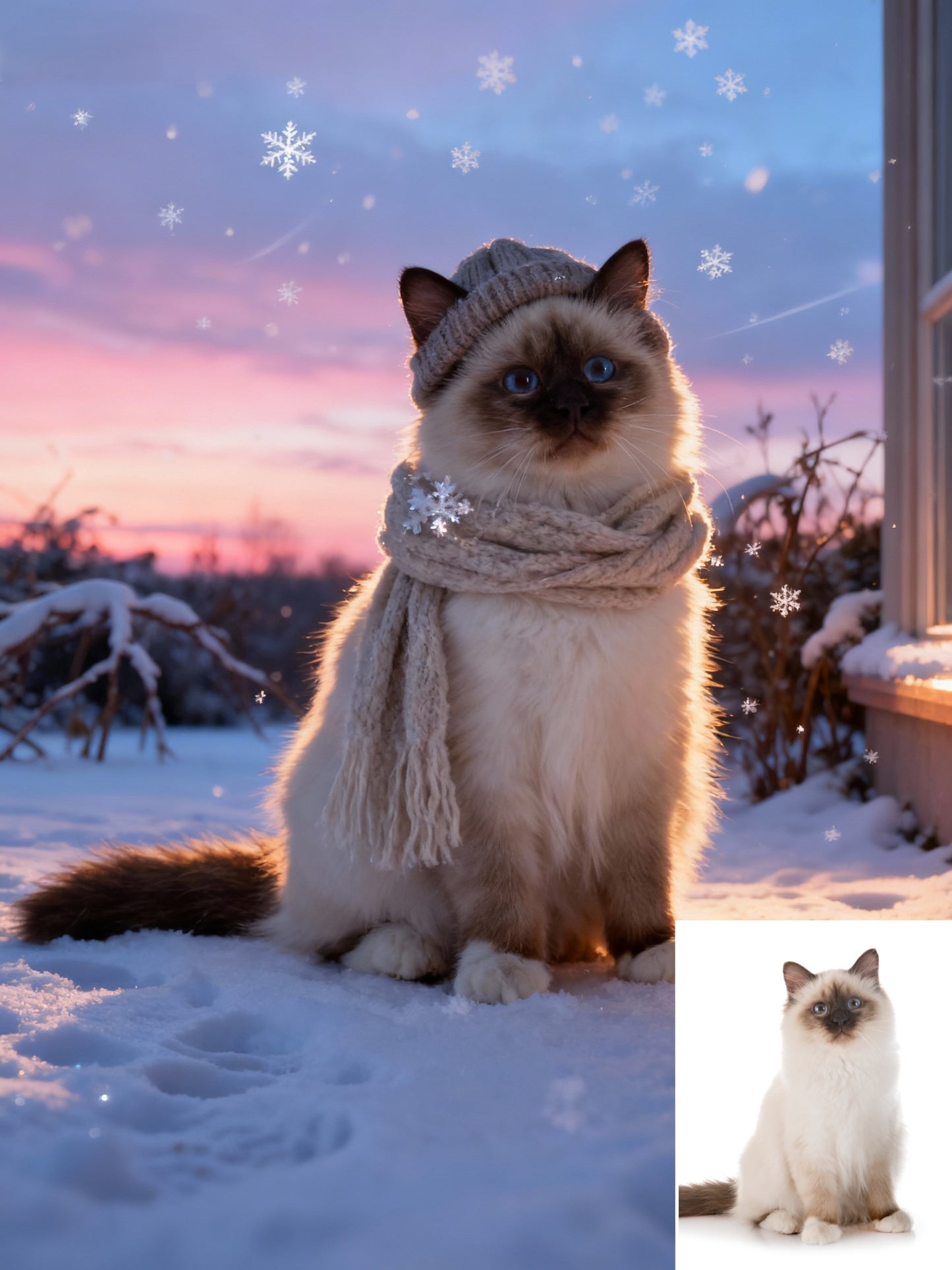 Magic Snowfall Pet Portrait | Custom Winter Hat & Scarf Art | Cozy Dreamy Pet Canvas