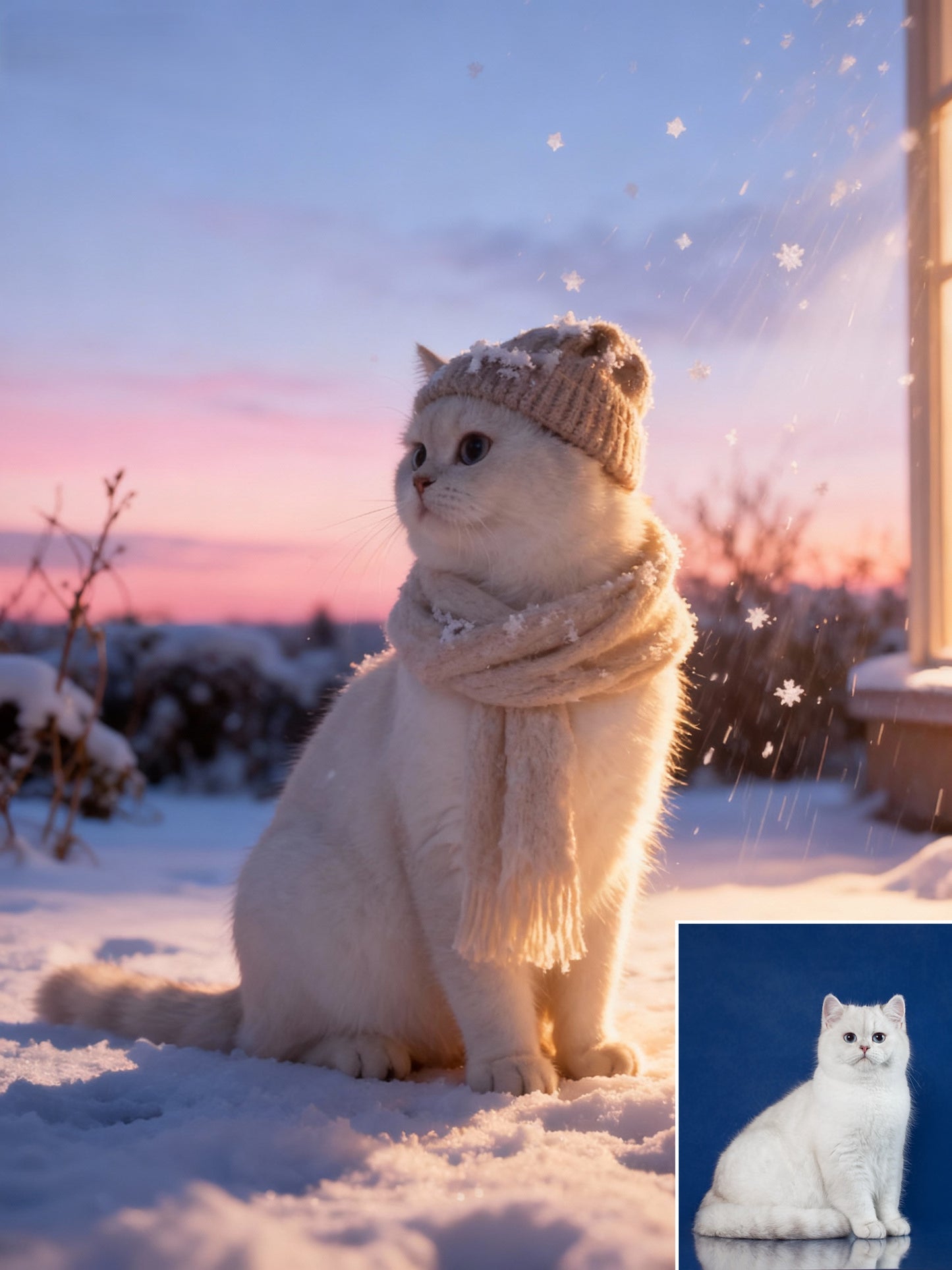 Magic Snowfall Pet Portrait | Custom Winter Hat & Scarf Art | Cozy Dreamy Pet Canvas