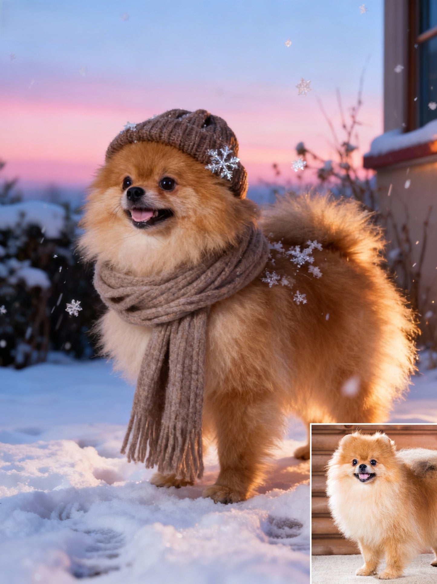Magic Snowfall Pet Portrait | Custom Winter Hat & Scarf Art | Cozy Dreamy Pet Canvas