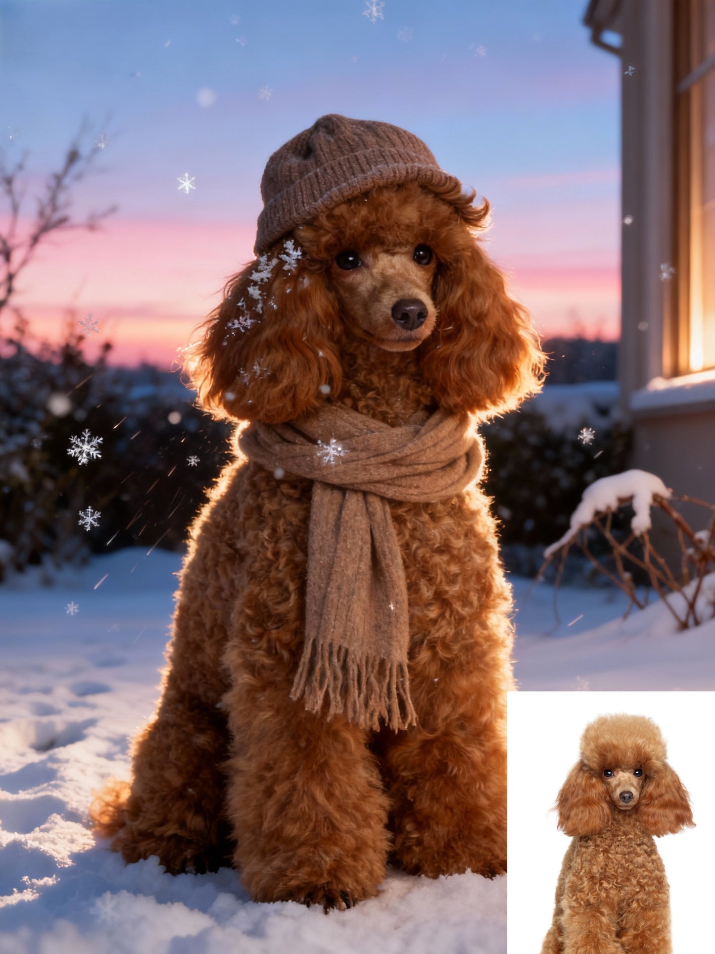 Magic Snowfall Pet Portrait | Custom Winter Hat & Scarf Art | Cozy Dreamy Pet Canvas