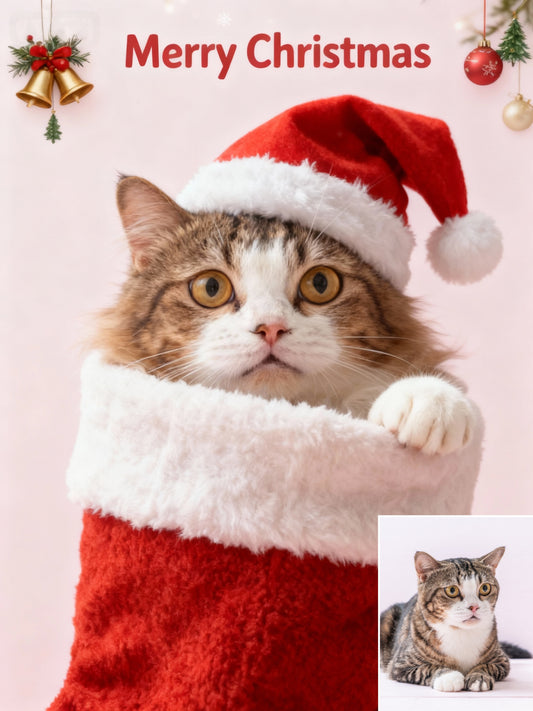 Holiday Stocking Surprise Pet Portrait | Custom Pet in Santa Hat & Stocking Art | Festive Christmas Gift