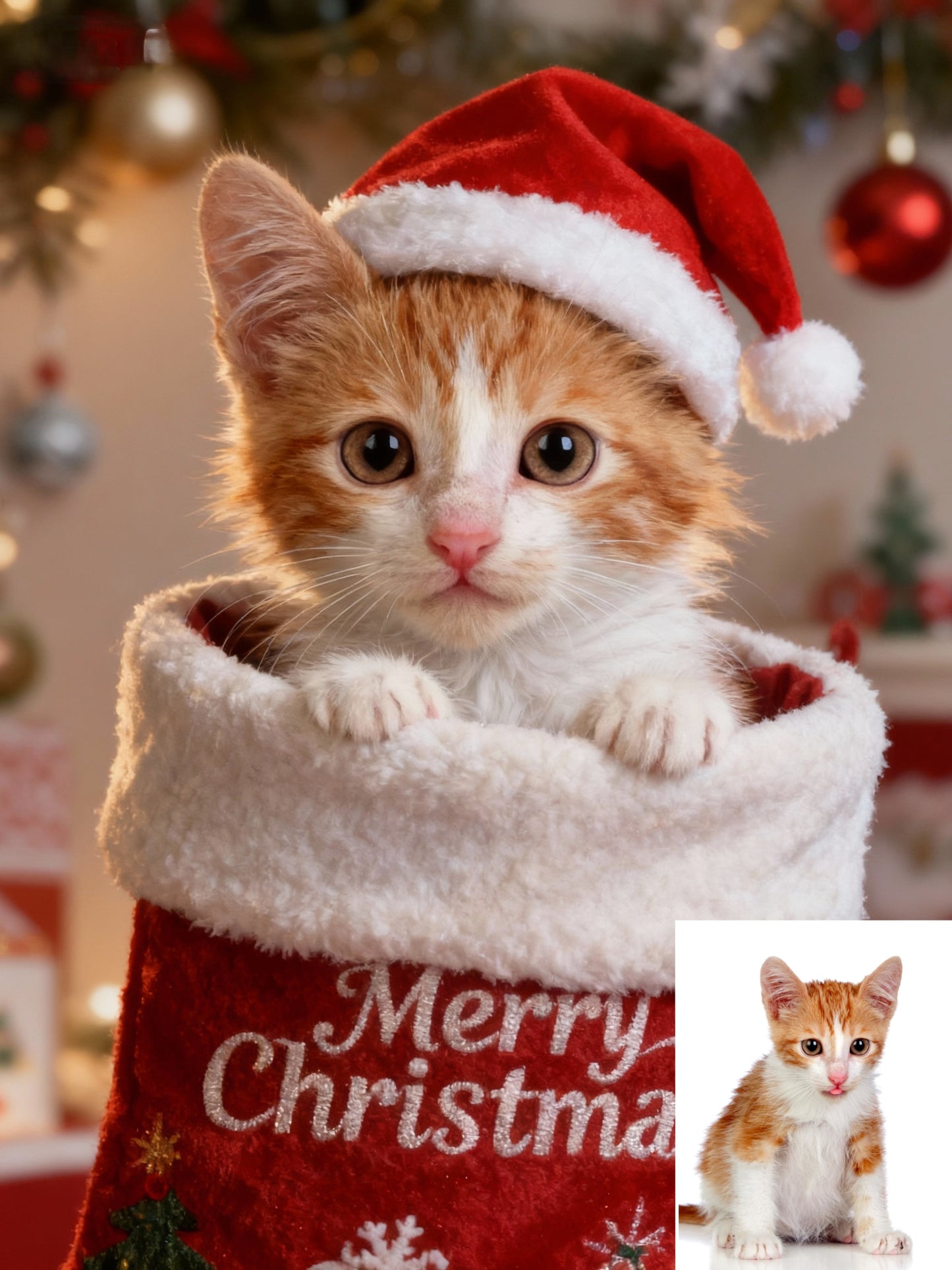 Holiday Stocking Surprise Pet Portrait | Custom Pet in Santa Hat & Stocking Art | Festive Christmas Gift