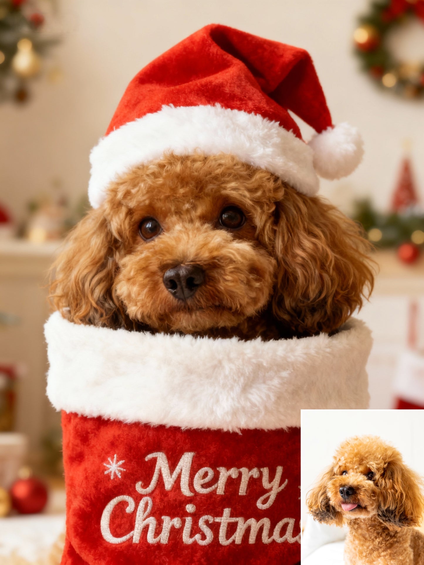 Holiday Stocking Surprise Pet Portrait | Custom Pet in Santa Hat & Stocking Art | Festive Christmas Gift