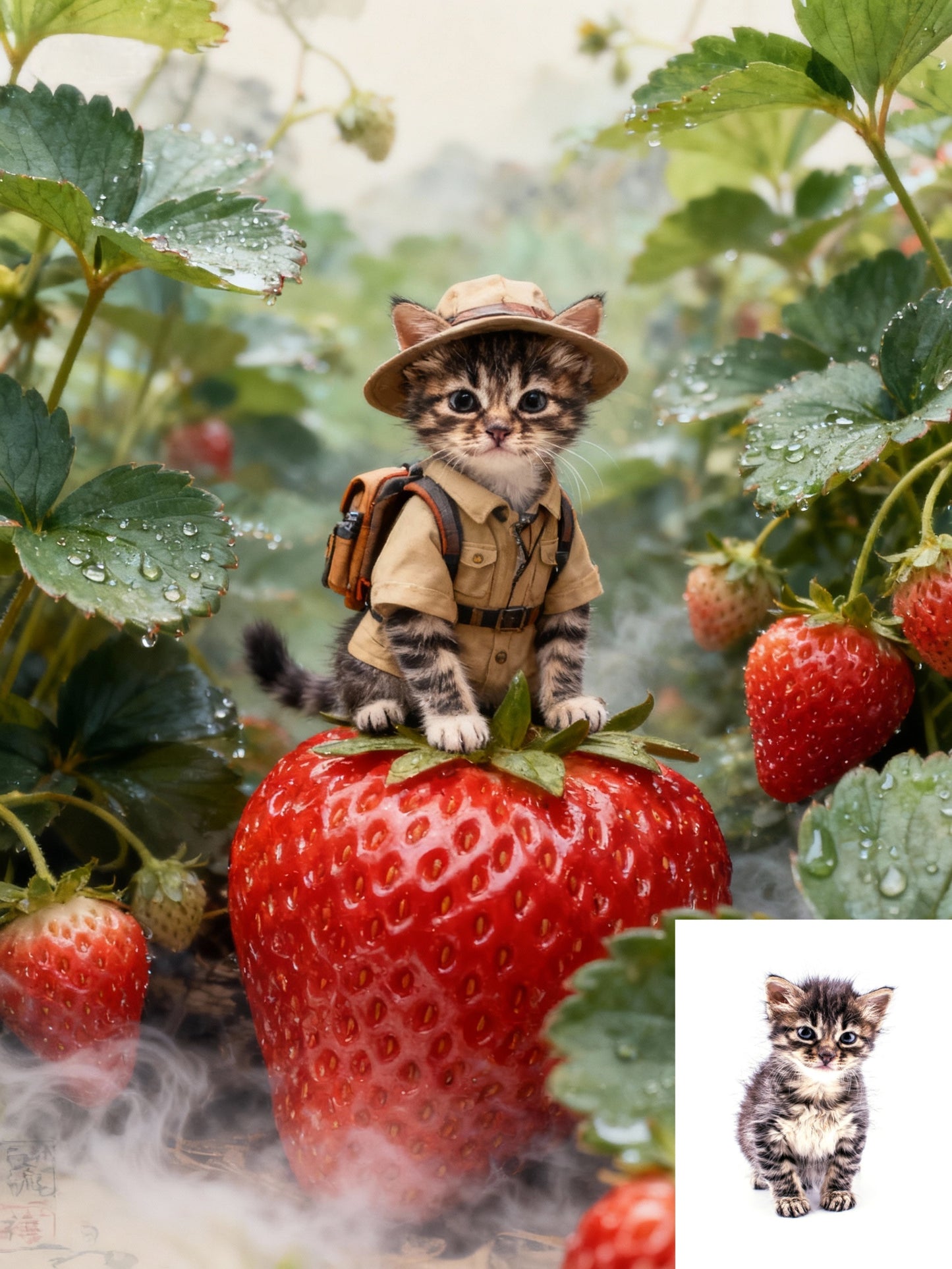 The Strawberry Safari Pet Portrait | Custom Miniature Explorer Art | Whimsical Macro Garden Canvas