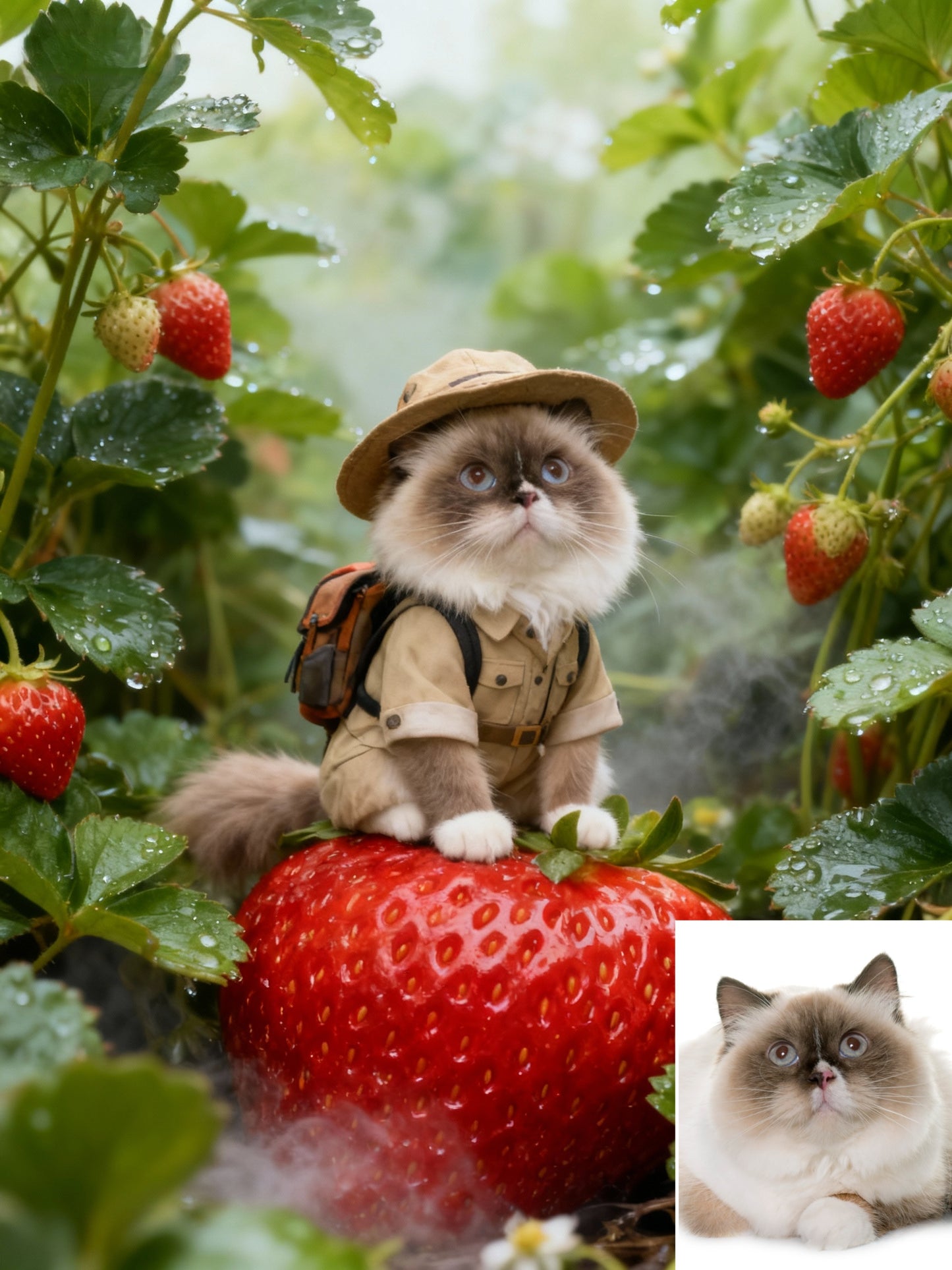 The Strawberry Safari Pet Portrait | Custom Miniature Explorer Art | Whimsical Macro Garden Canvas
