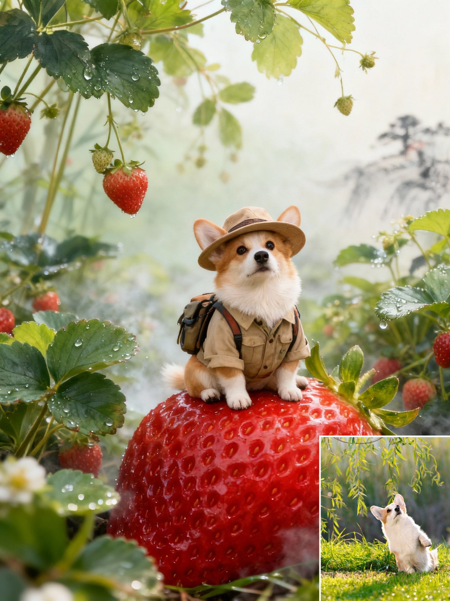The Strawberry Safari Pet Portrait | Custom Miniature Explorer Art | Whimsical Macro Garden Canvas