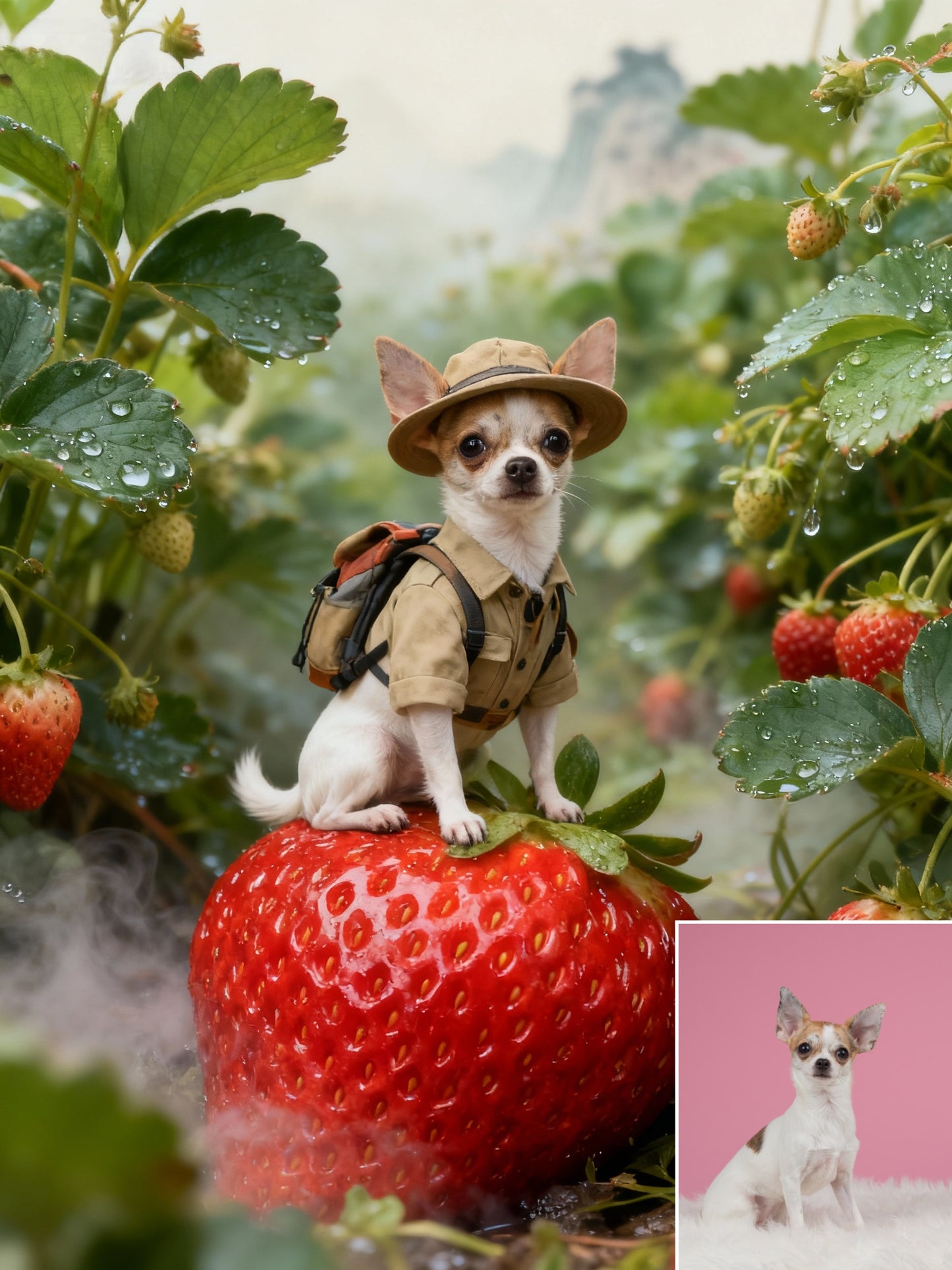 The Strawberry Safari Pet Portrait | Custom Miniature Explorer Art | Whimsical Macro Garden Canvas