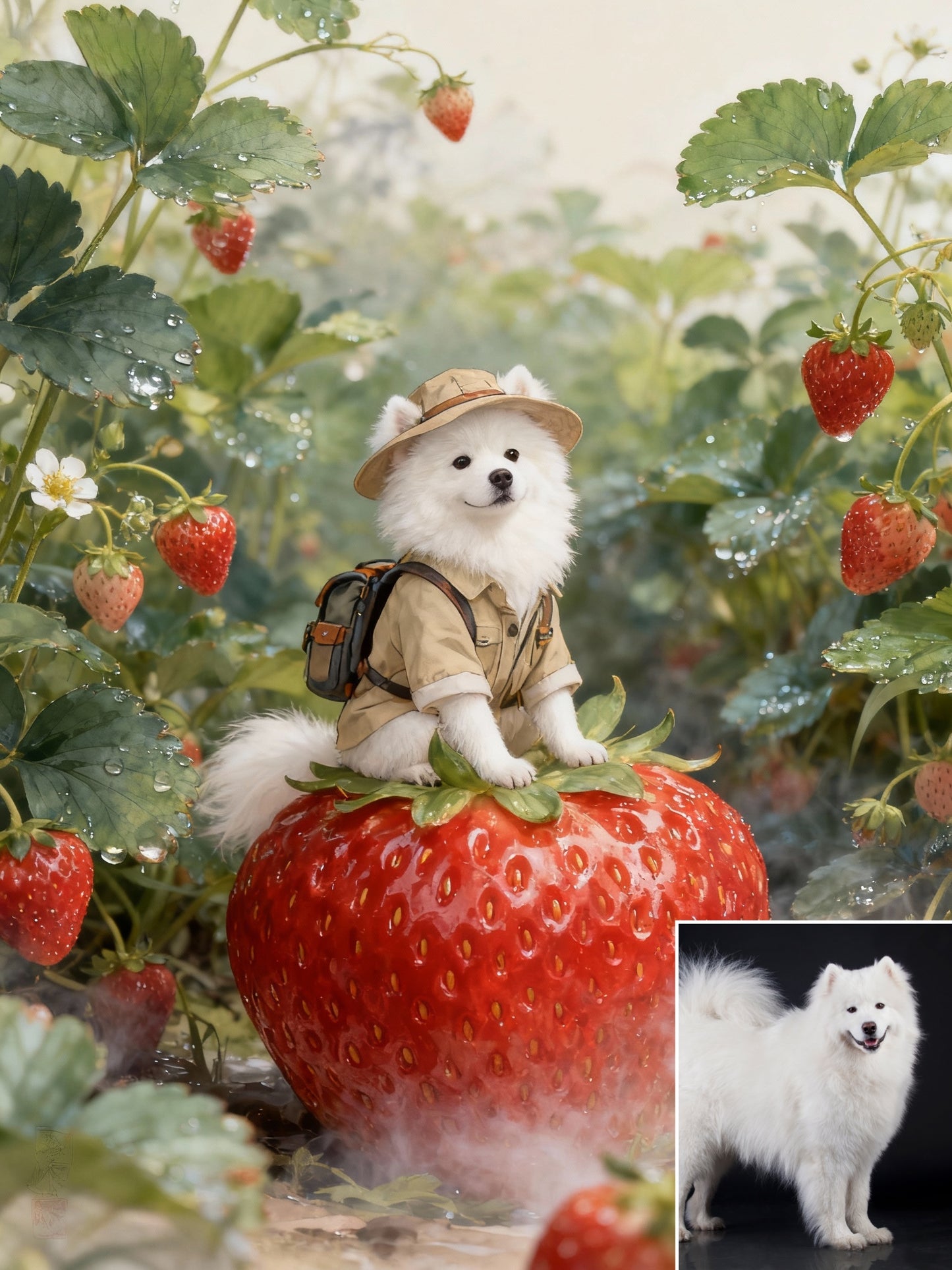 The Strawberry Safari Pet Portrait | Custom Miniature Explorer Art | Whimsical Macro Garden Canvas