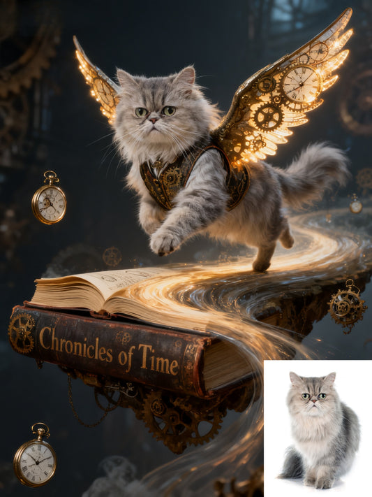 The Aetherwing Chronographer Custom Pet Portrait | Steampunk Pet Art with Gear Wings | Time Traveler Fantasy Decor