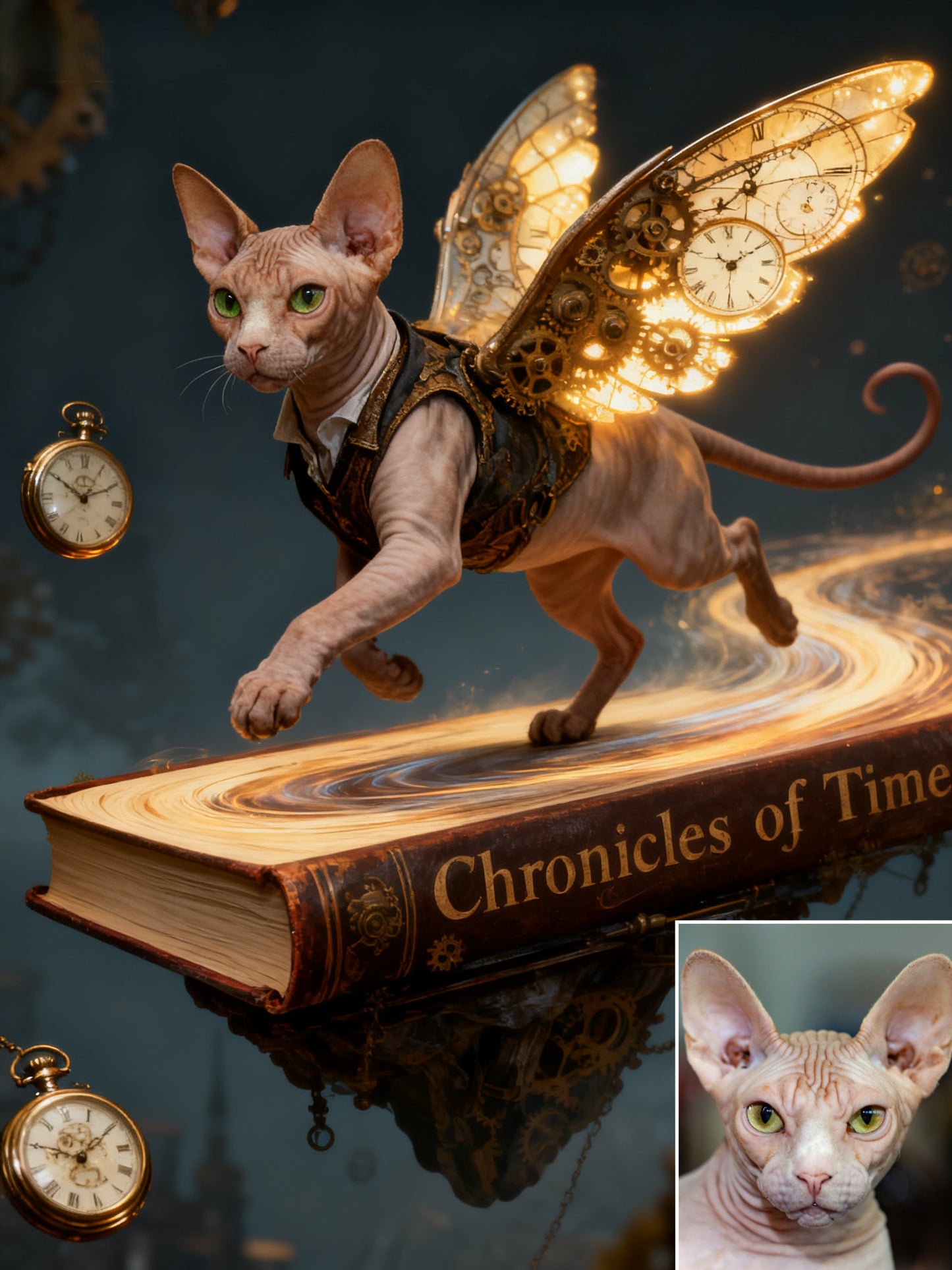 The Aetherwing Chronographer Custom Pet Portrait | Steampunk Pet Art with Gear Wings | Time Traveler Fantasy Decor